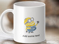 White mug with Minion silhouette made of text, "Add some text."