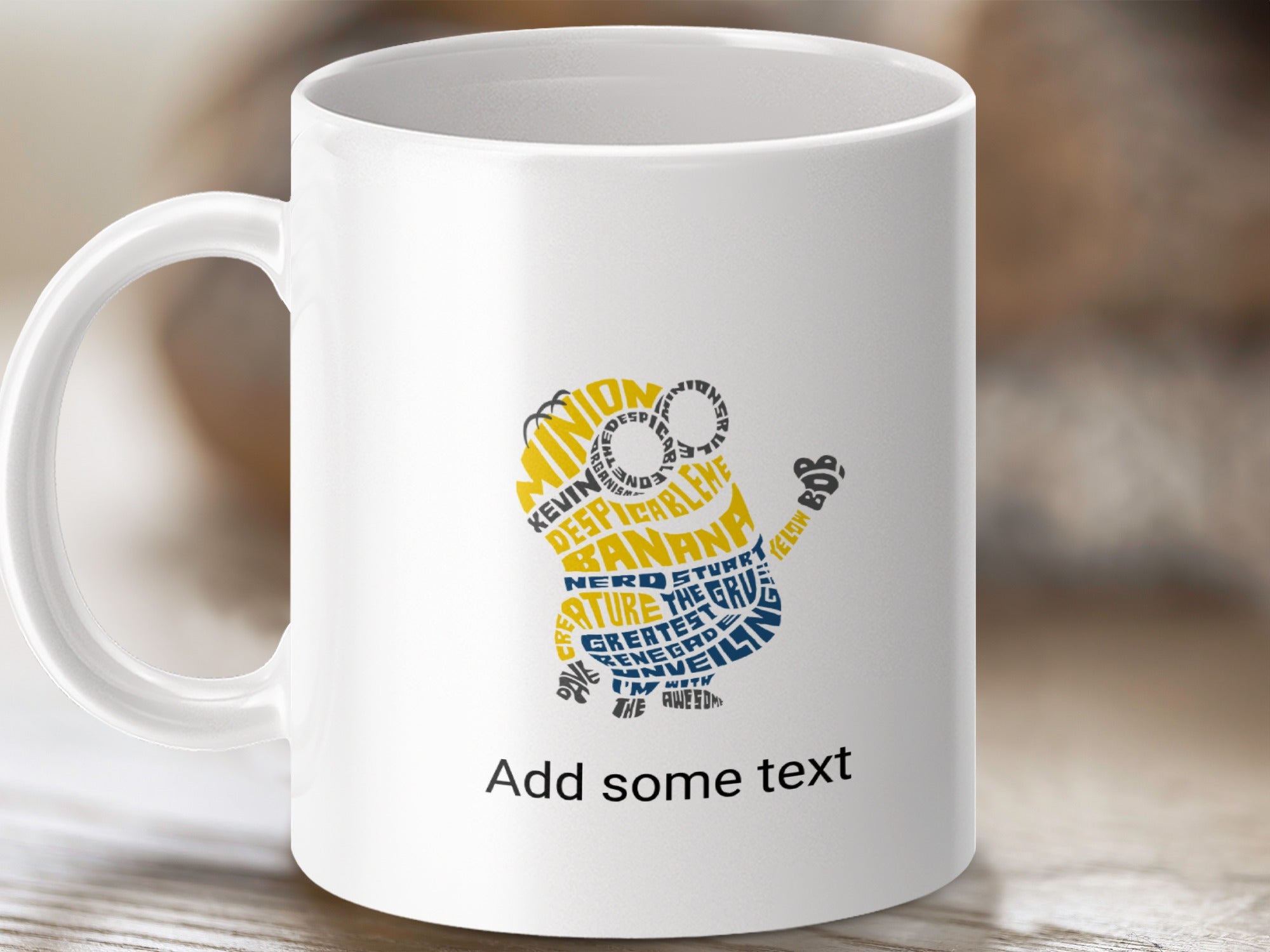 White mug with Minion silhouette made of text, "Add some text."