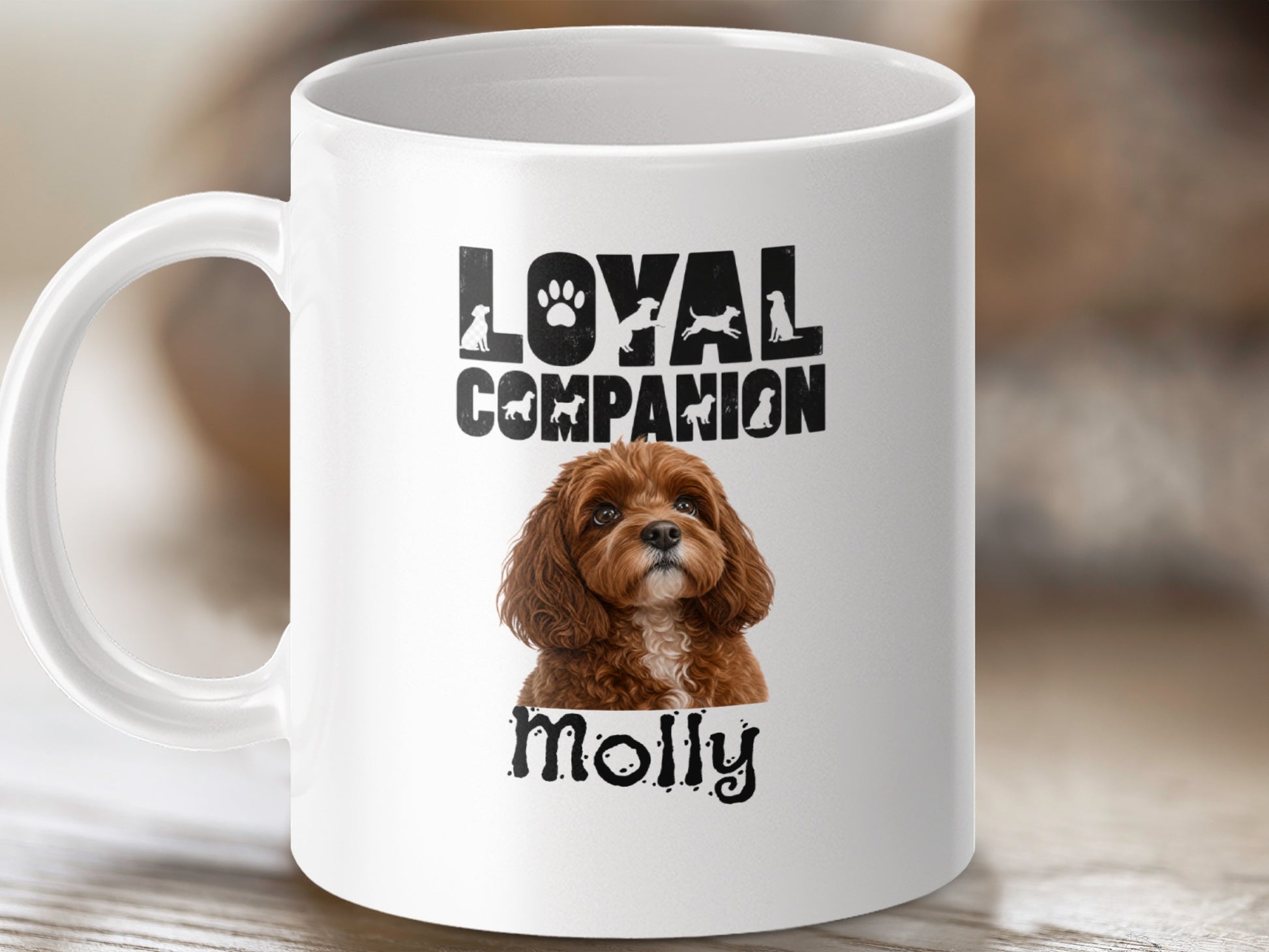 White mug with "LOYAL COMPANION" text, dog silhouettes, and "Molly" with a dog portrait.