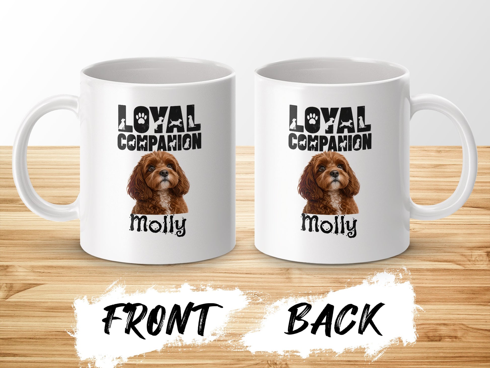 Two white mugs show the same design of a Cavalier King Charles Spaniel dog with text "LOYAL COMPANION" and "Molly".