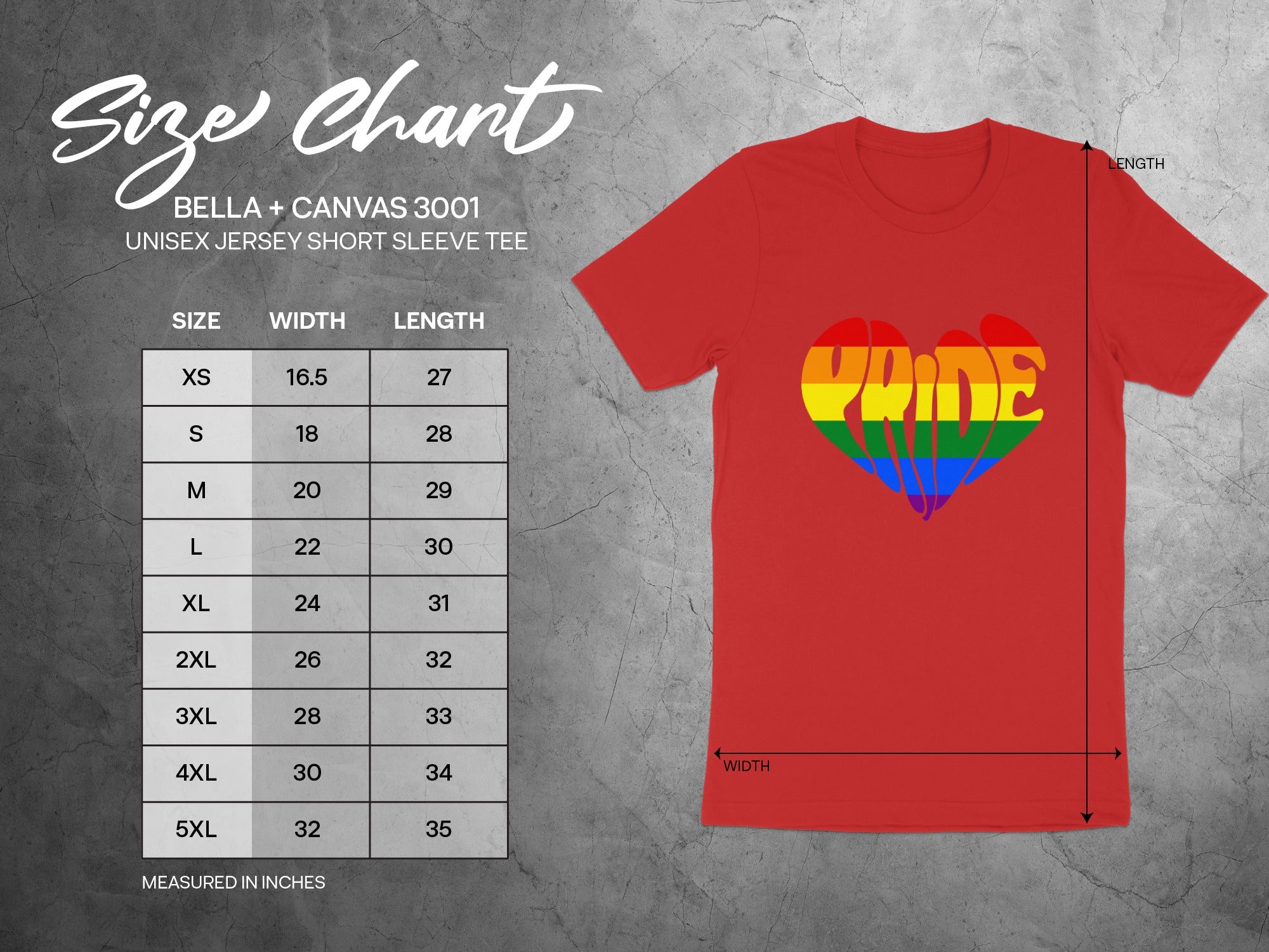 Size chart for Bella + Canvas 3001 unisex short sleeve tee with rainbow pride heart graphic.
