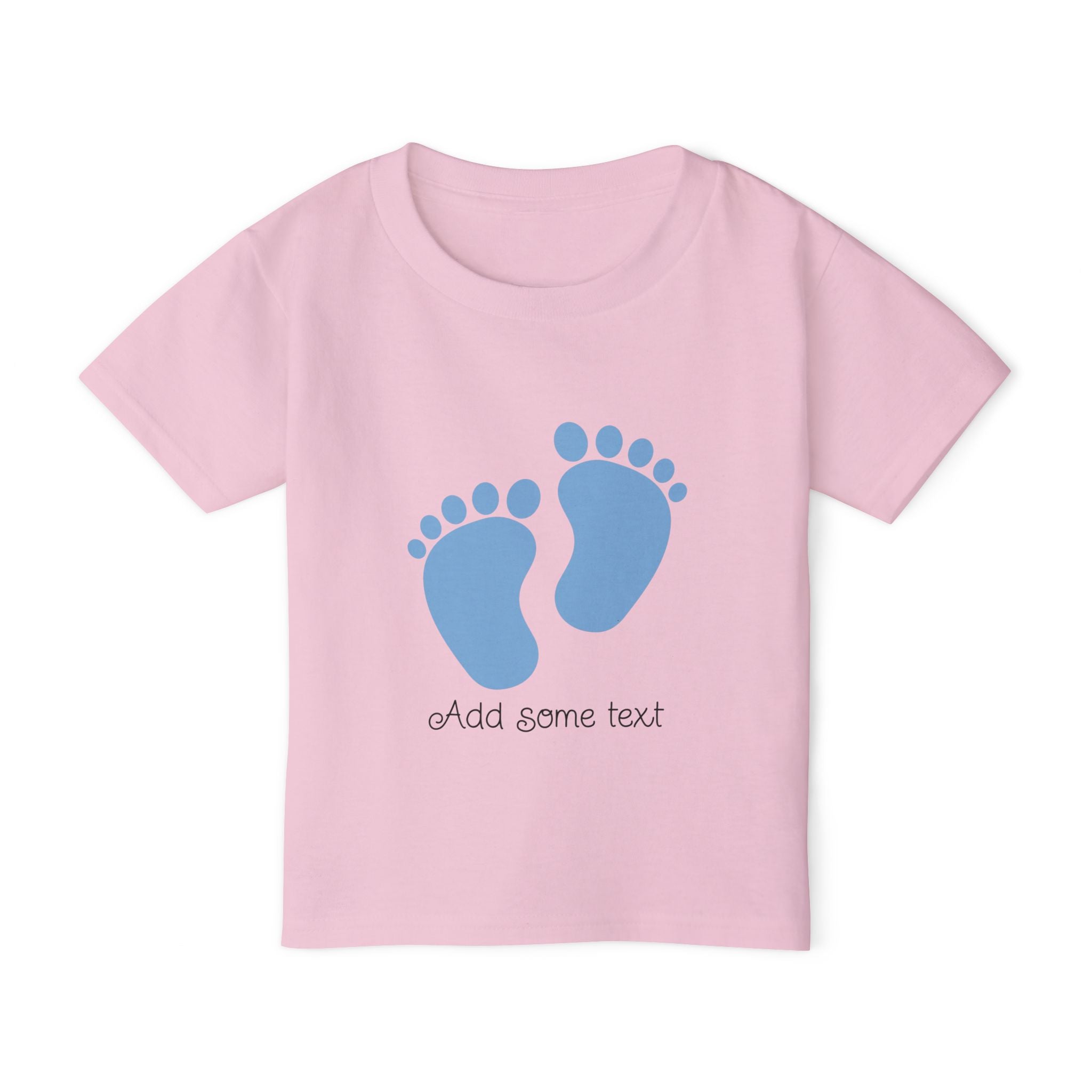 Pink t-shirt with blue footprints and "Add some text" phrase.