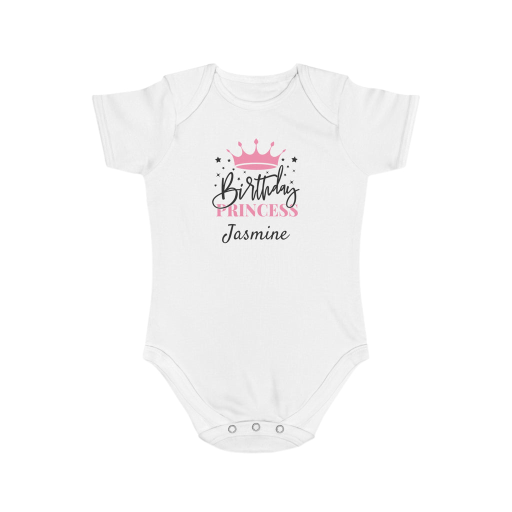 White baby onesie with "Birthday Princess Jasmine" text and a crown.