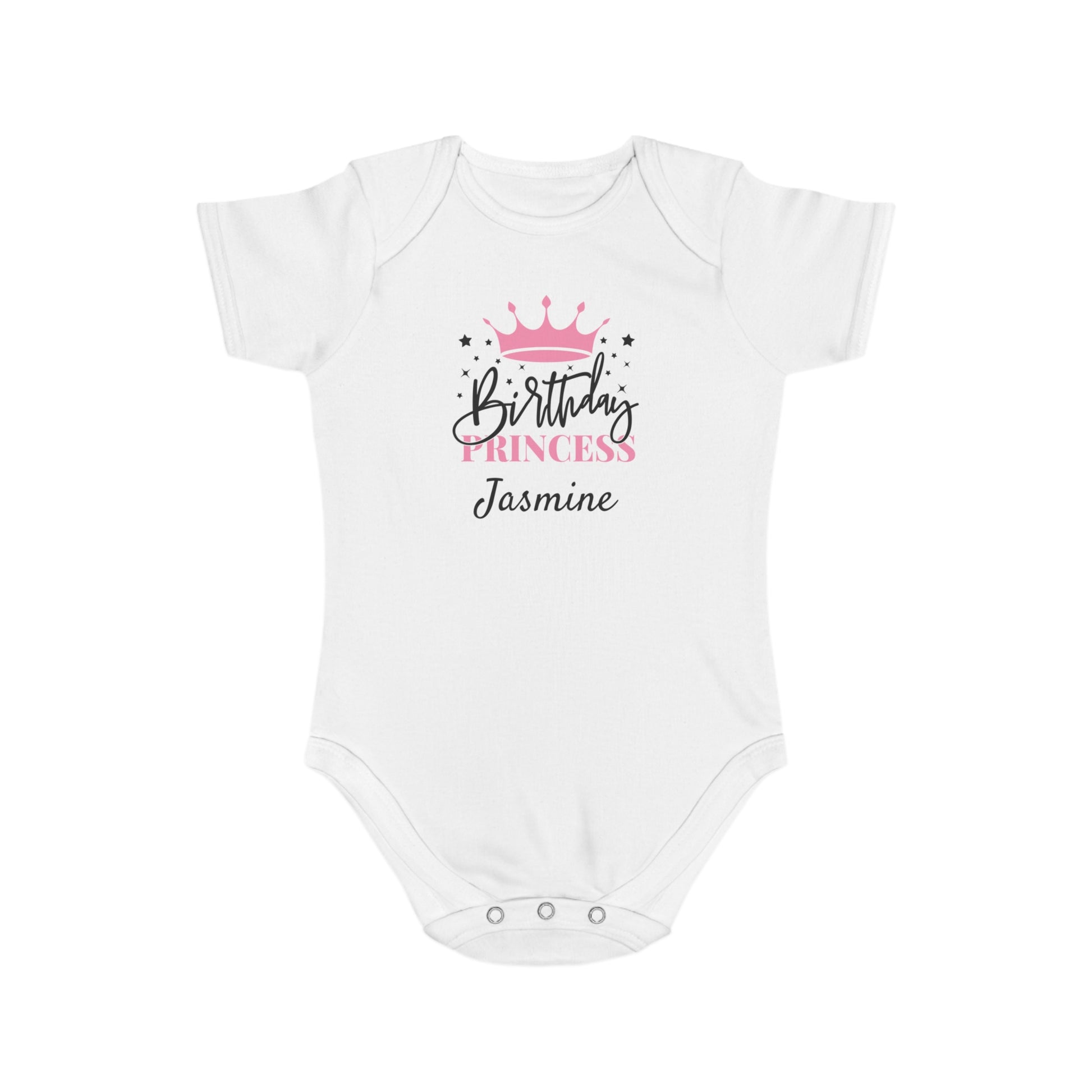 White baby onesie with "Birthday Princess Jasmine" text and a crown.