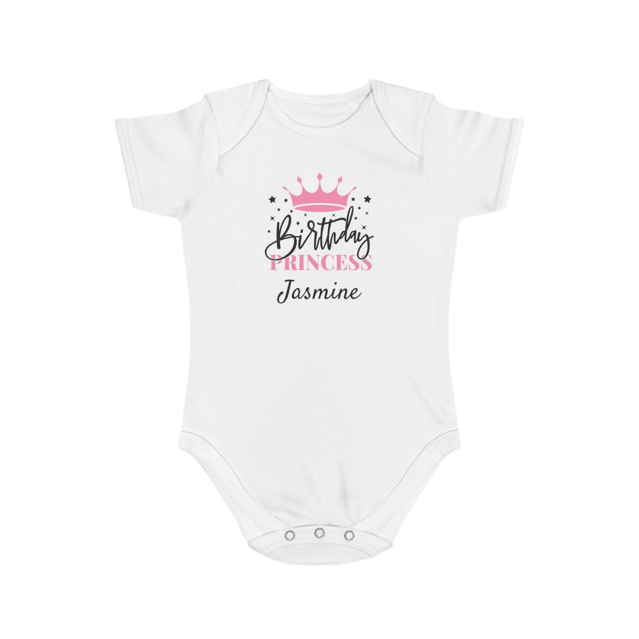 White baby onesie with "Birthday Princess Jasmine" text and a crown.