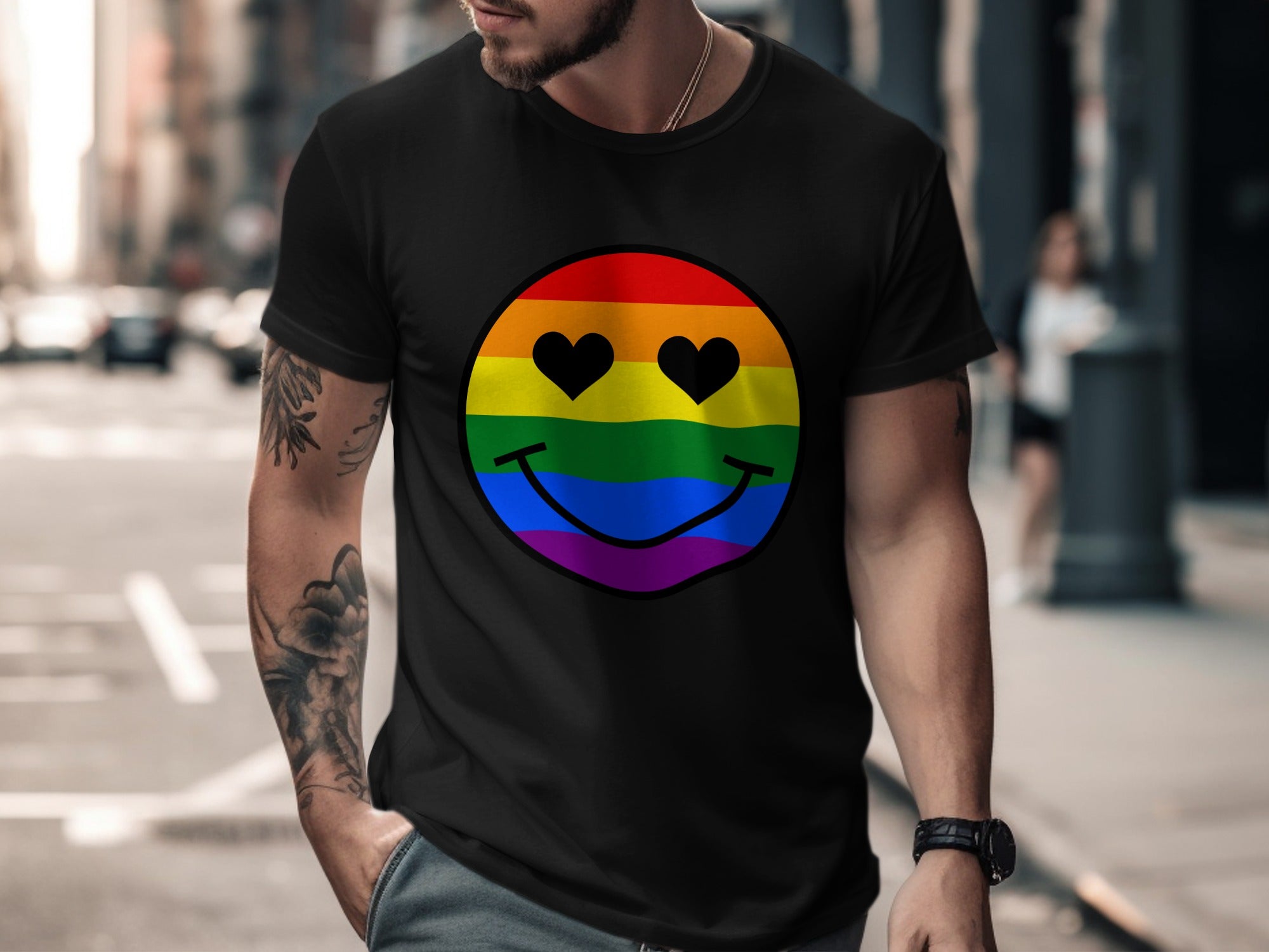 Black t-shirt with rainbow smiley face with heart eyes graphic
