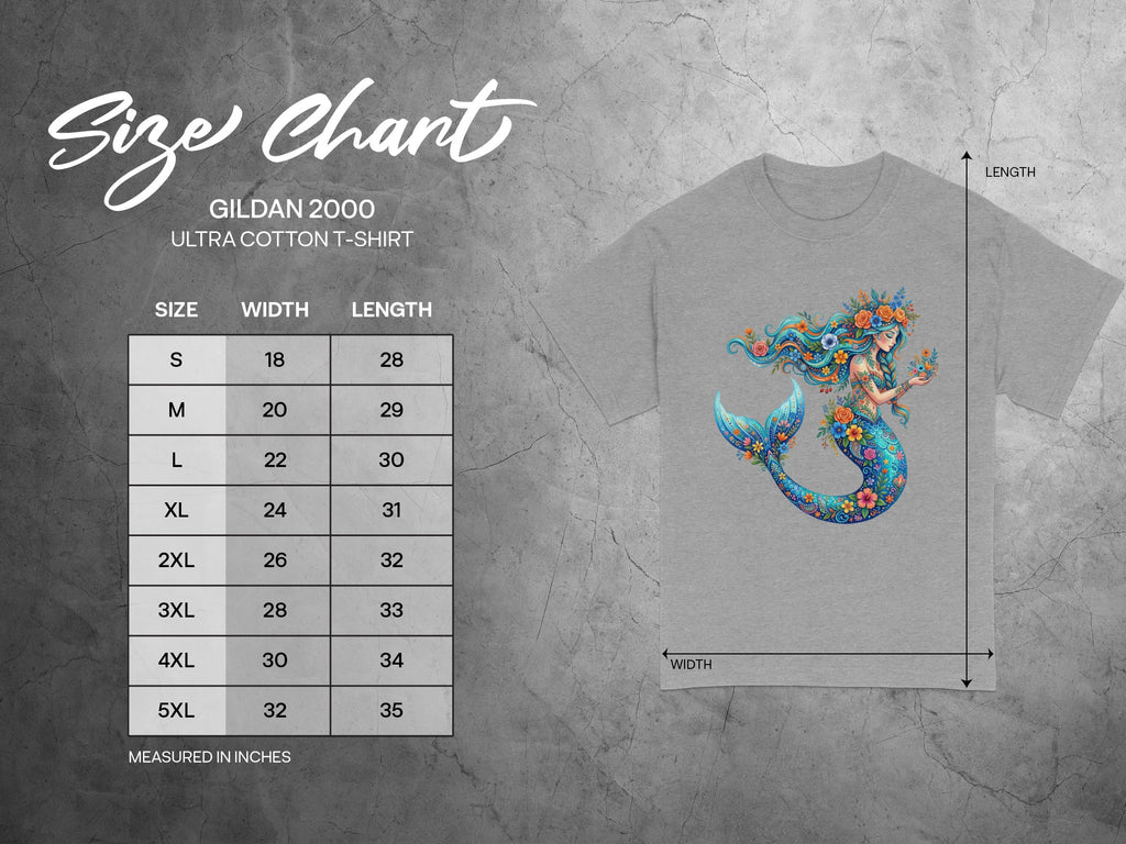 Gildan 2000 Ultra Cotton t-shirt size chart with measurements in inches.