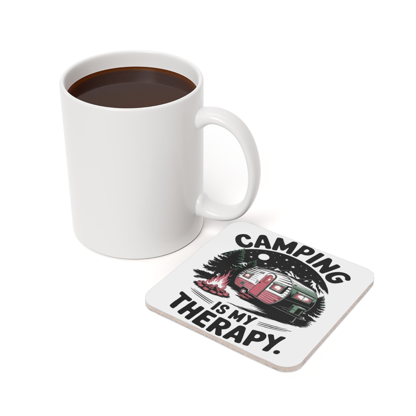 Coaster with a vintage camper, campfire, and text "Camping Is My Therapy."