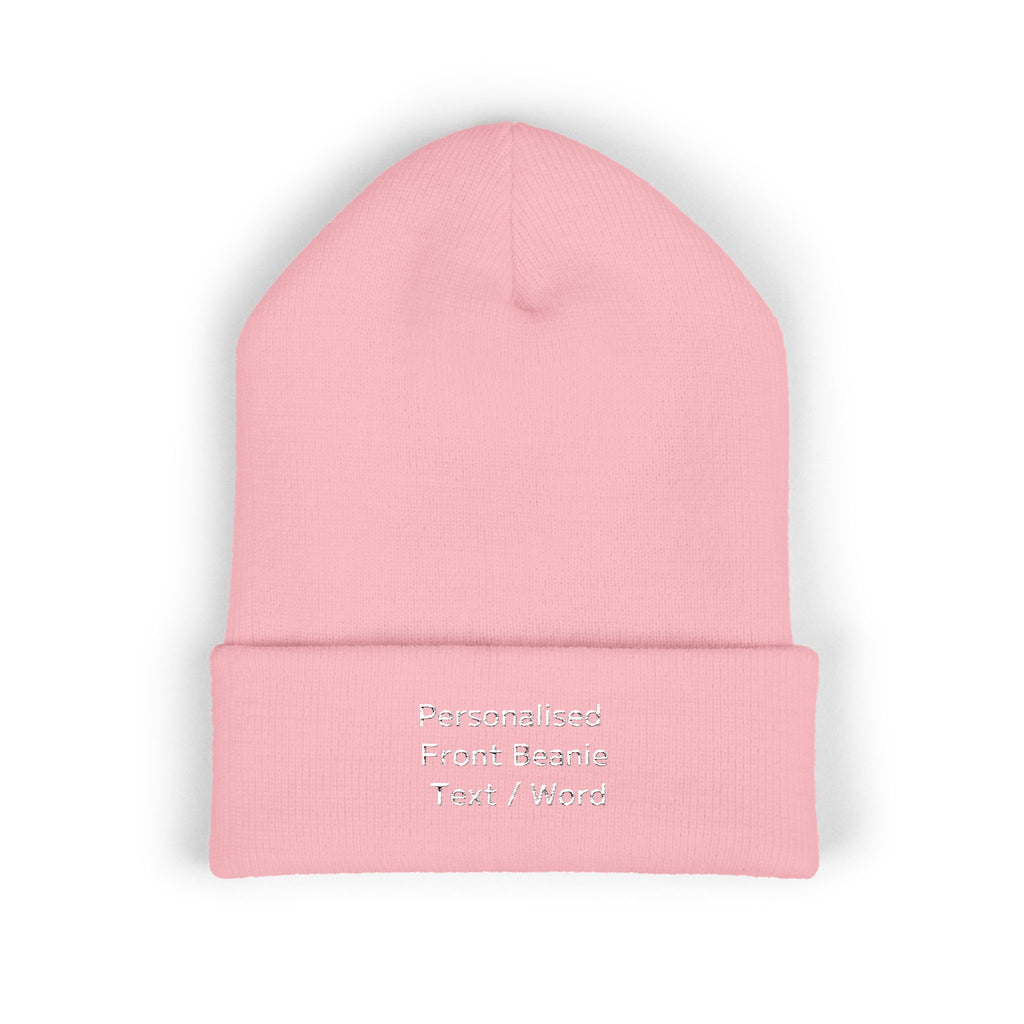 Pink knitted beanie with personalized front text.