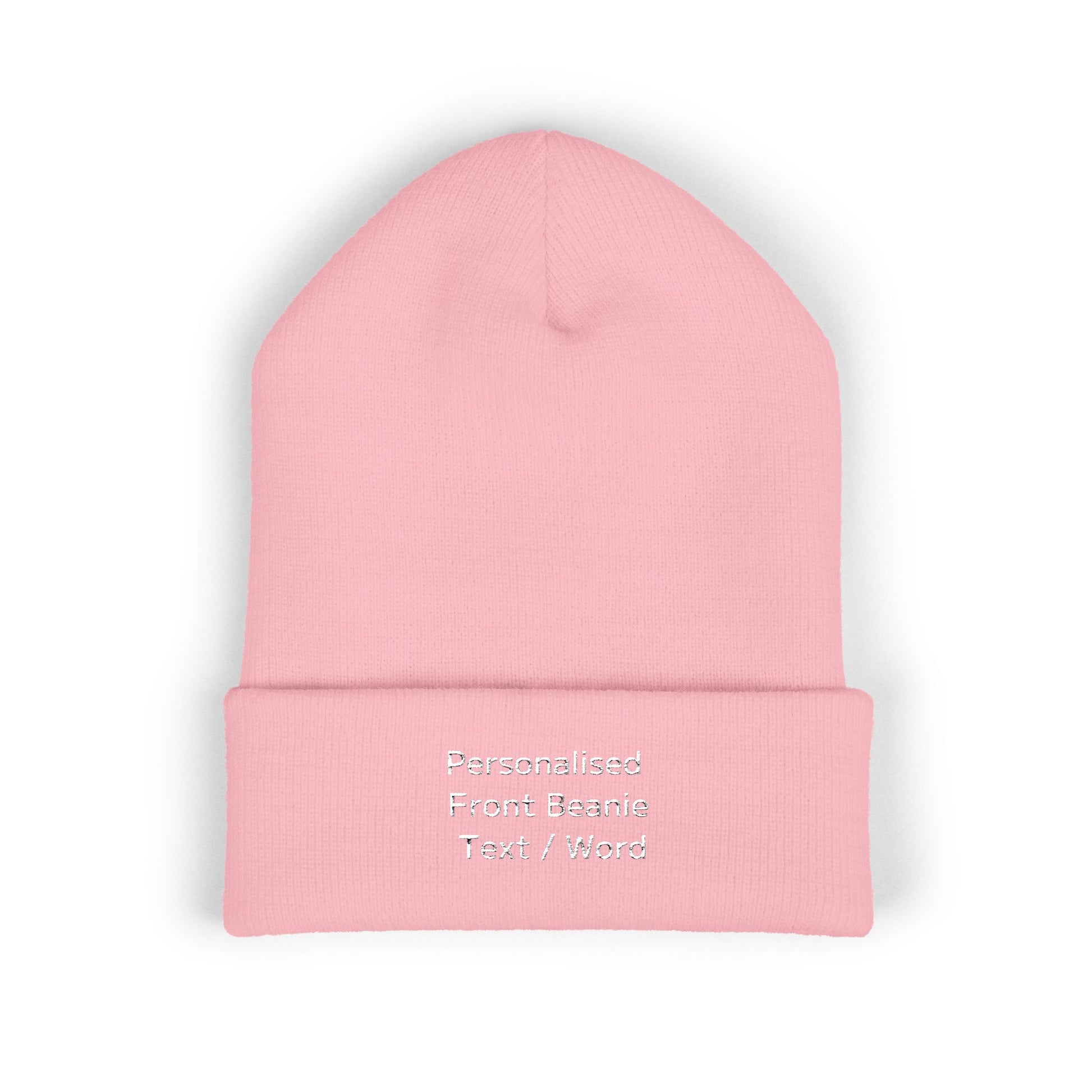 Pink knitted beanie with personalized front text.