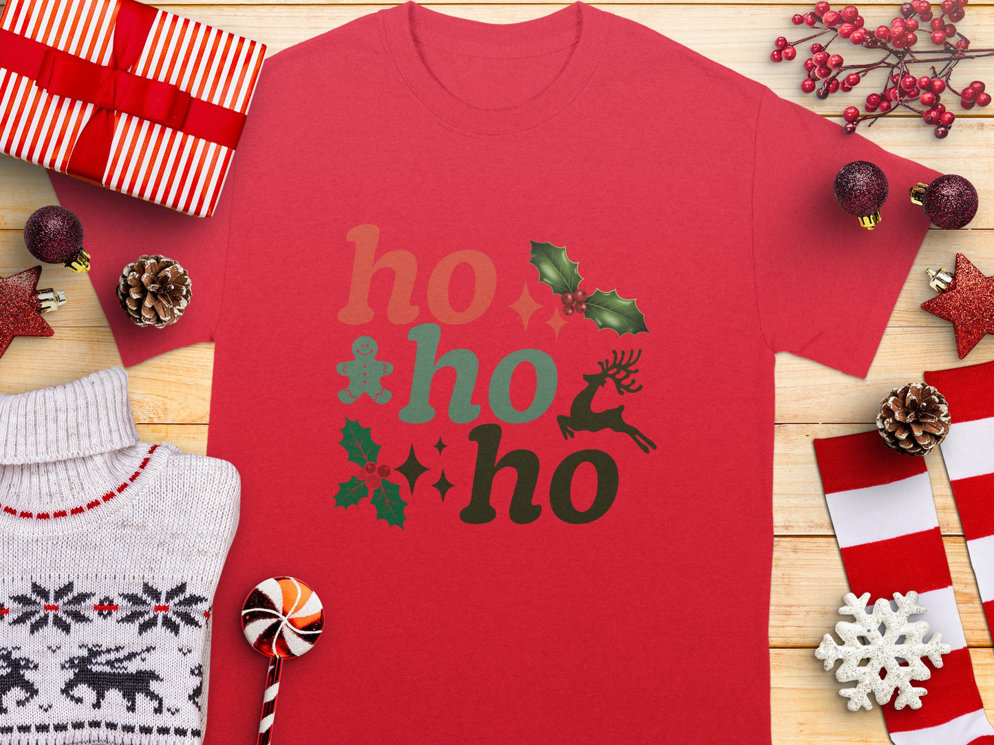 Festive Holiday Ho Ho Ho Graphic Unisex T-shirt