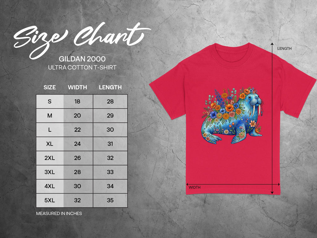 Gildan 2000 size chart with width and length measurements for t-shirts.