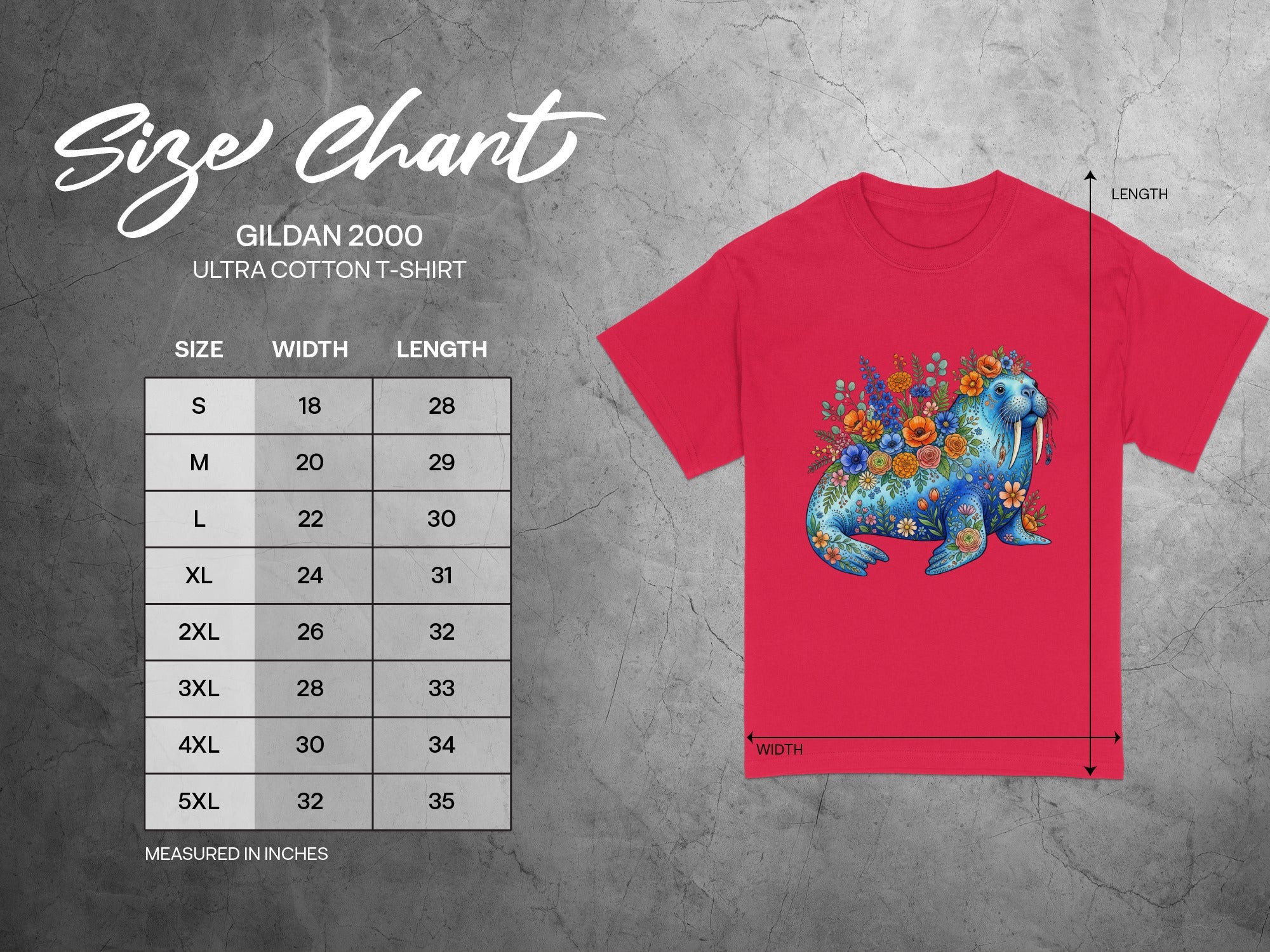 Gildan 2000 size chart with width and length measurements for t-shirts.