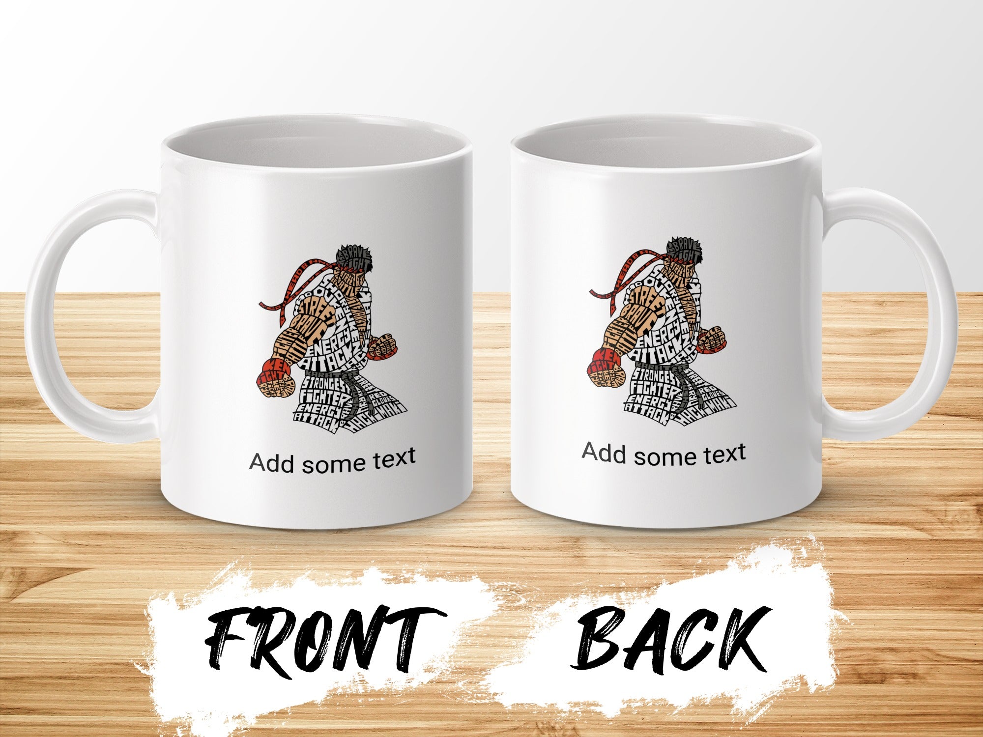 White mug with fighter graphic and "Add some text" on front and back.