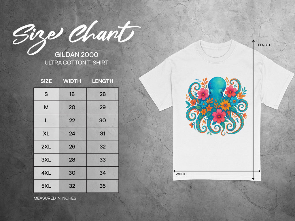 Gildan 2000 Ultra Cotton t-shirt size chart with octopus graphic and measurements.