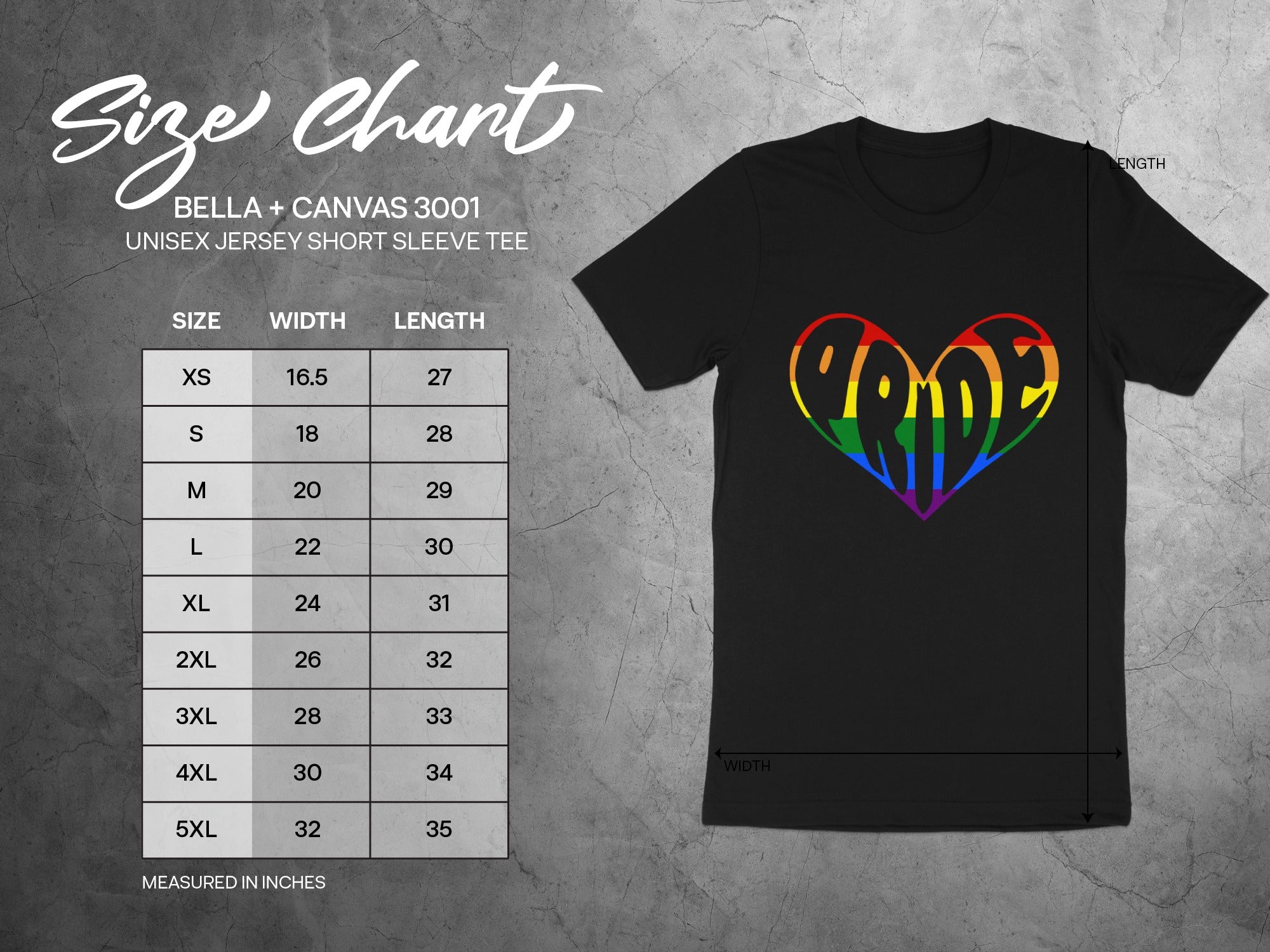 Black t-shirt with rainbow pride heart graphic and size chart in inches.