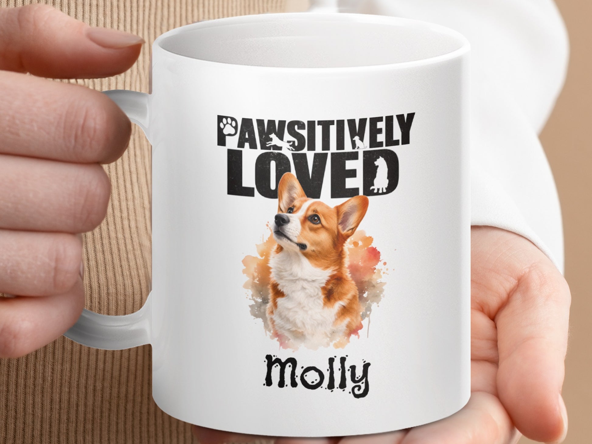 White mug with corgi portrait, "PAWSITIVELY LOVED" text, and name "Molly".