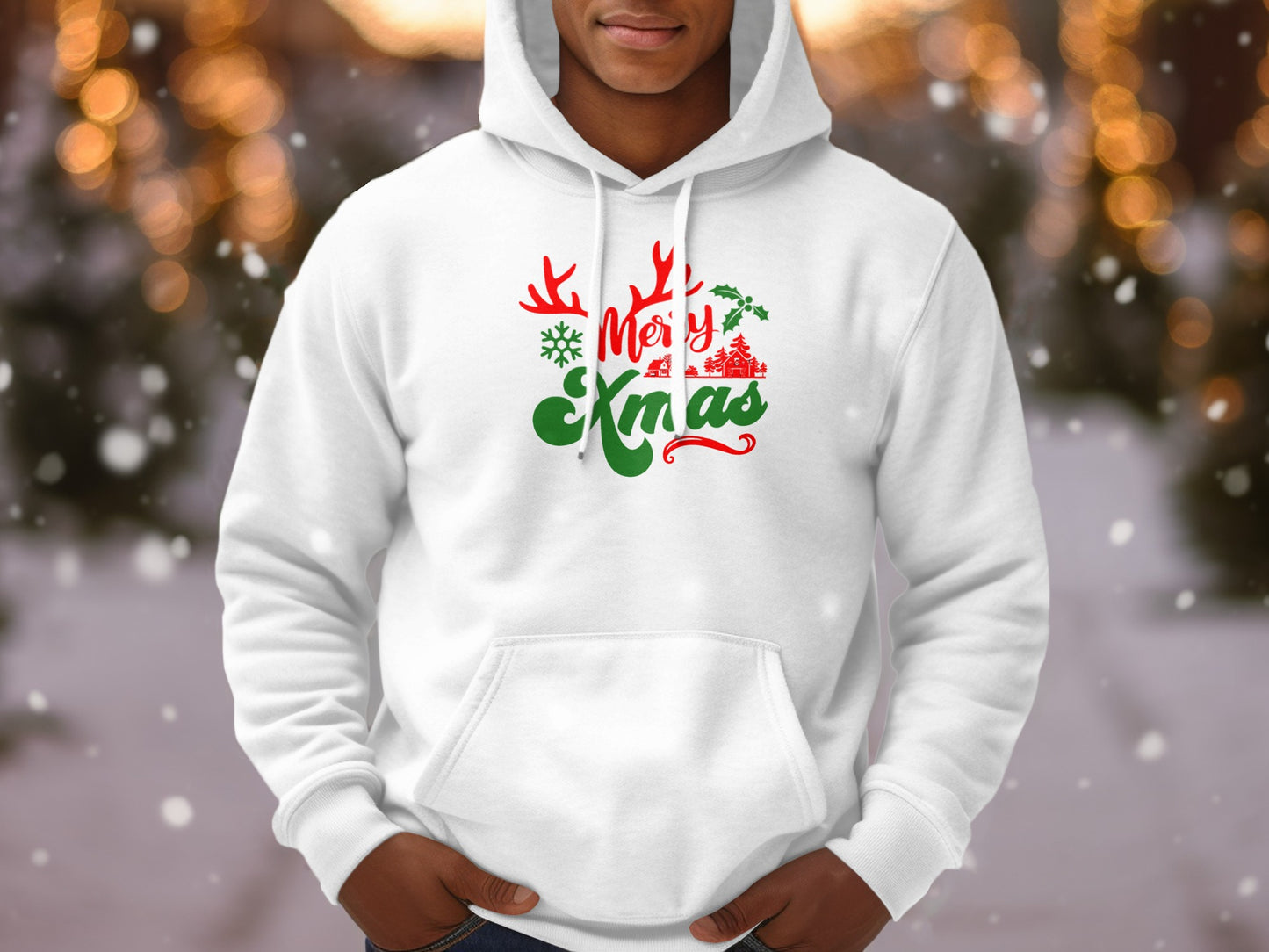 Festive Merry Christmas Hoodie With Snowflakes and Reindeer