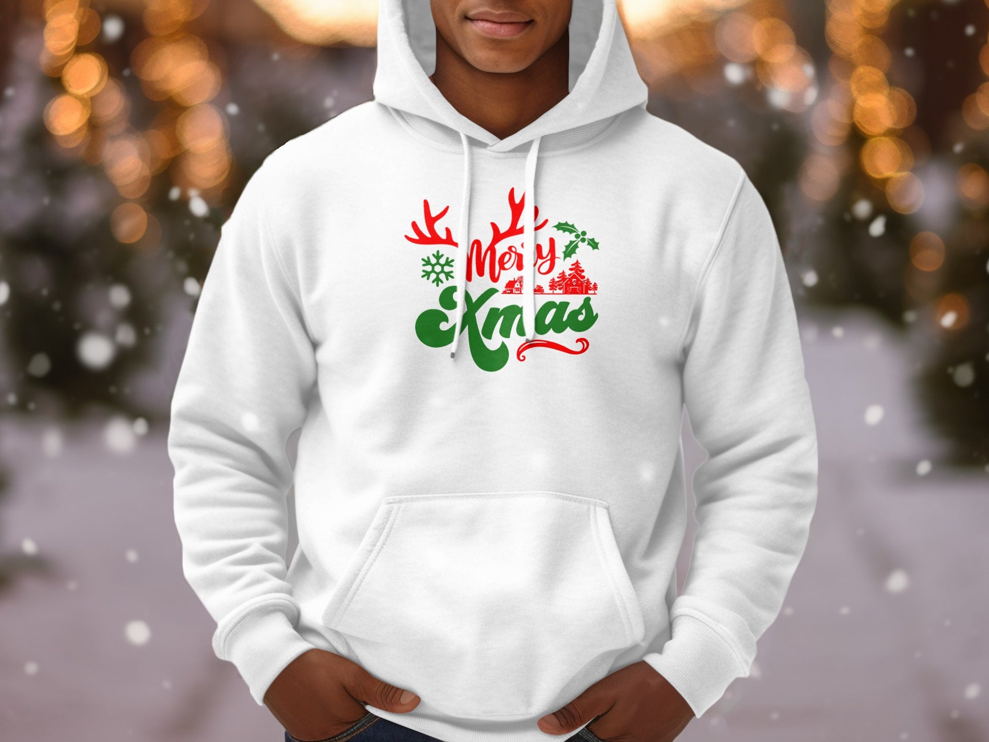 Festive Merry Christmas Hoodie With Snowflakes and Reindeer