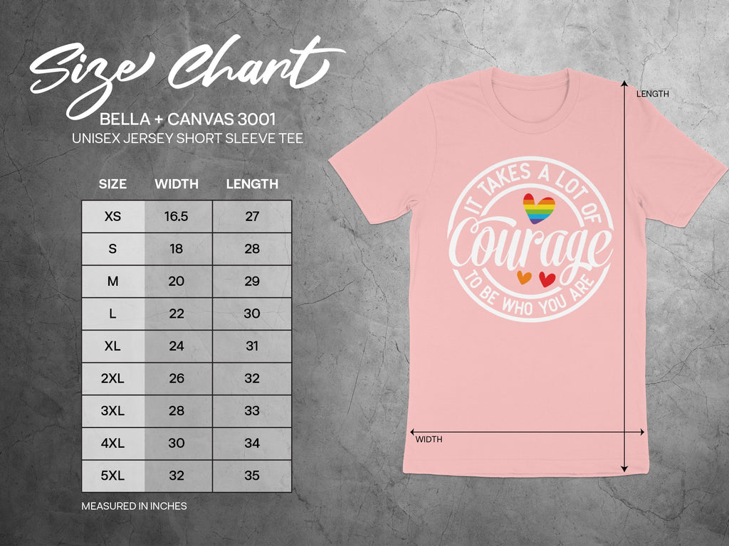 Bella + Canvas 3001 unisex tee size chart with width and length measurements in inches.