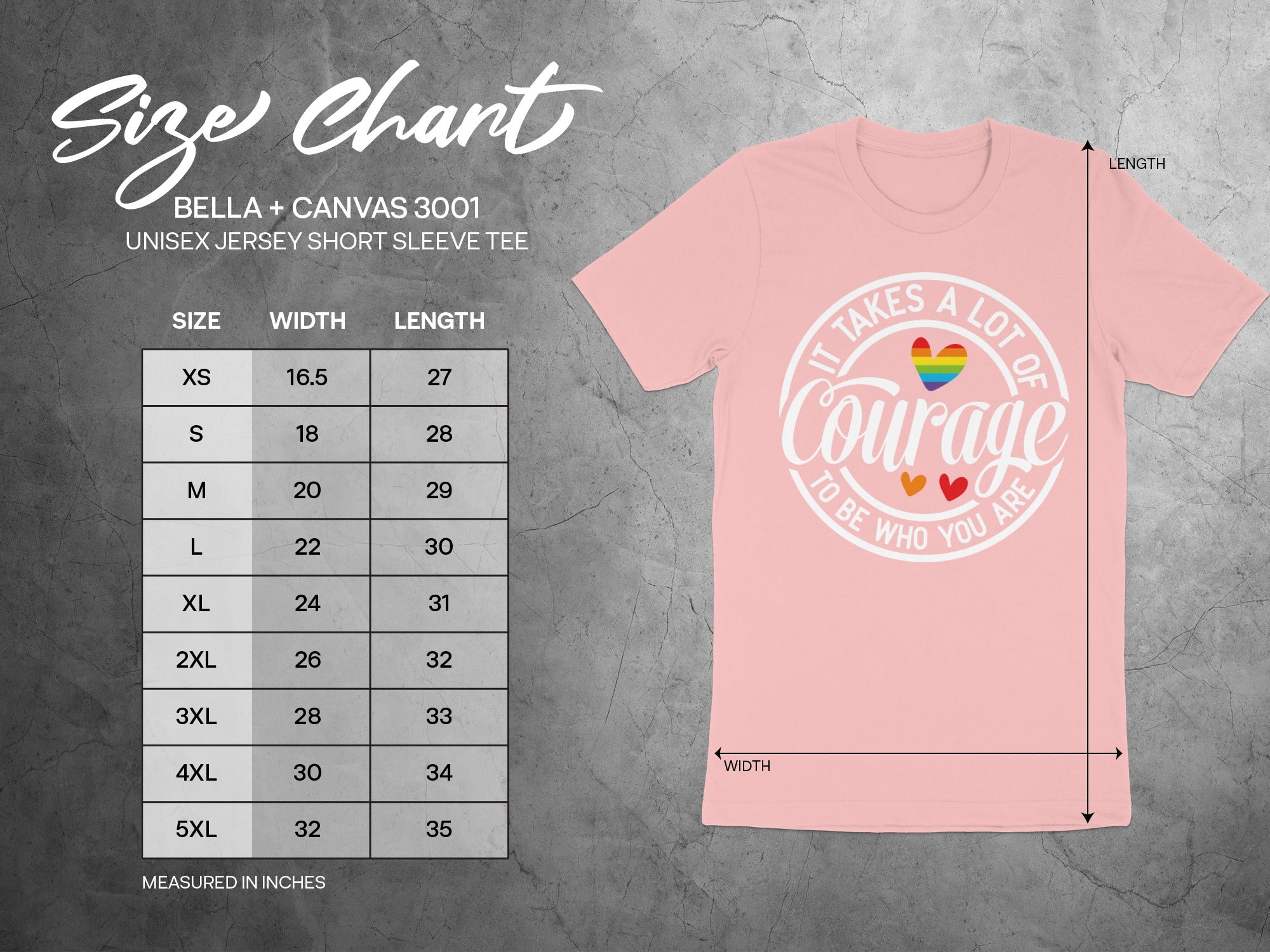 Bella + Canvas 3001 unisex tee size chart with width and length measurements in inches.