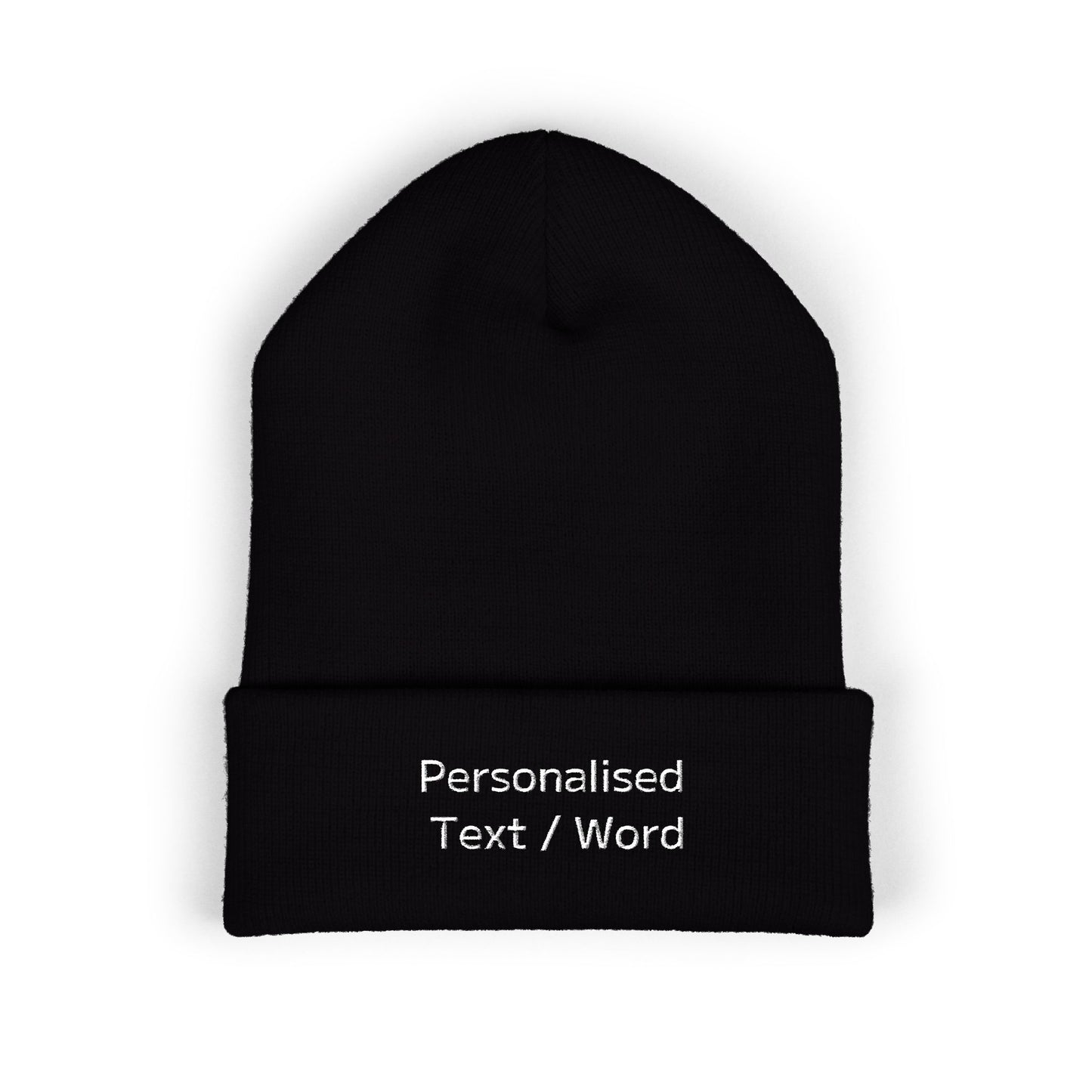 Black knitted beanie with "Personalised Text / Word" embroidered on the cuff.