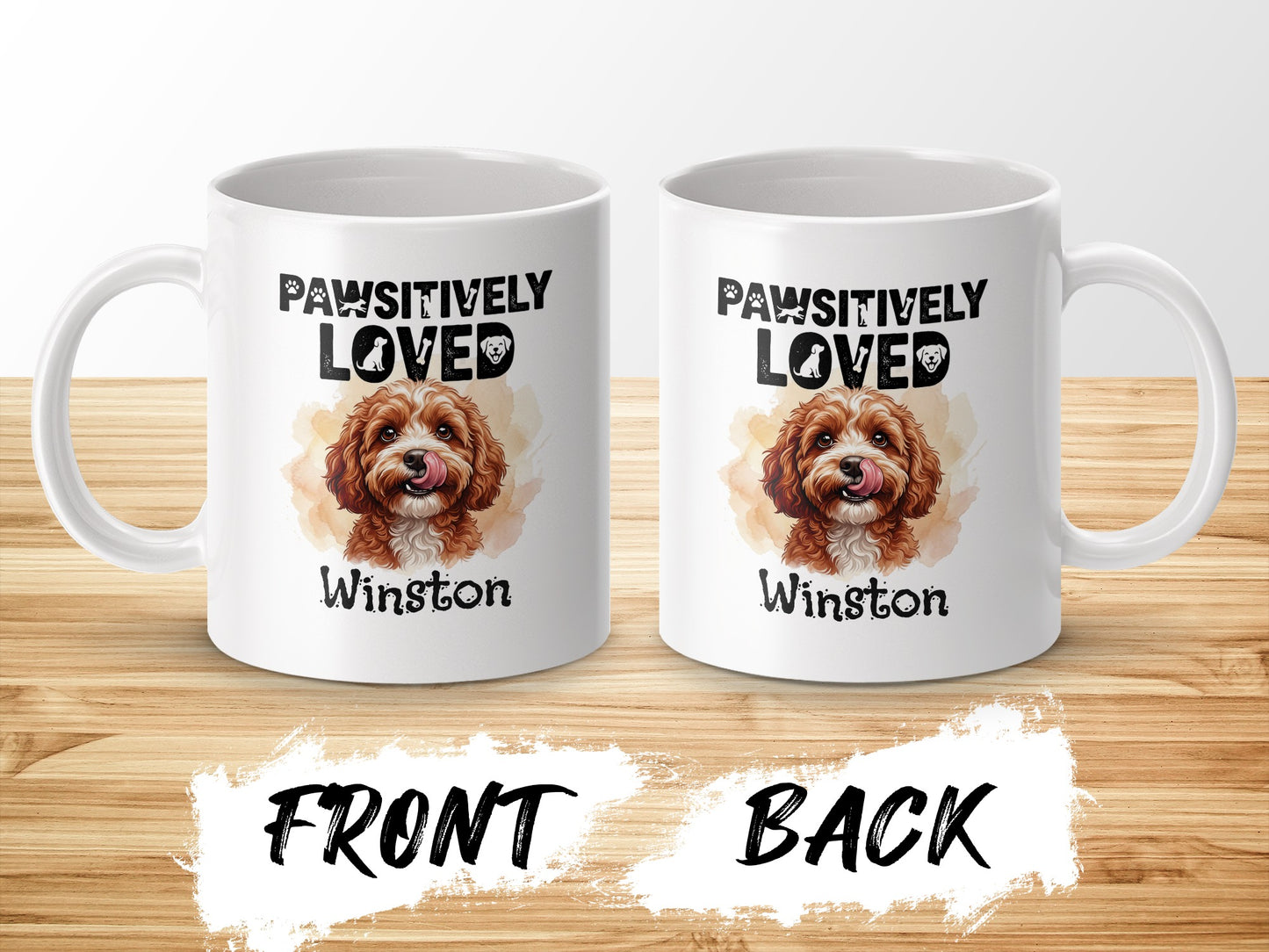 Two white mugs with "Pawsitively Loved Winston" and a dog graphic.