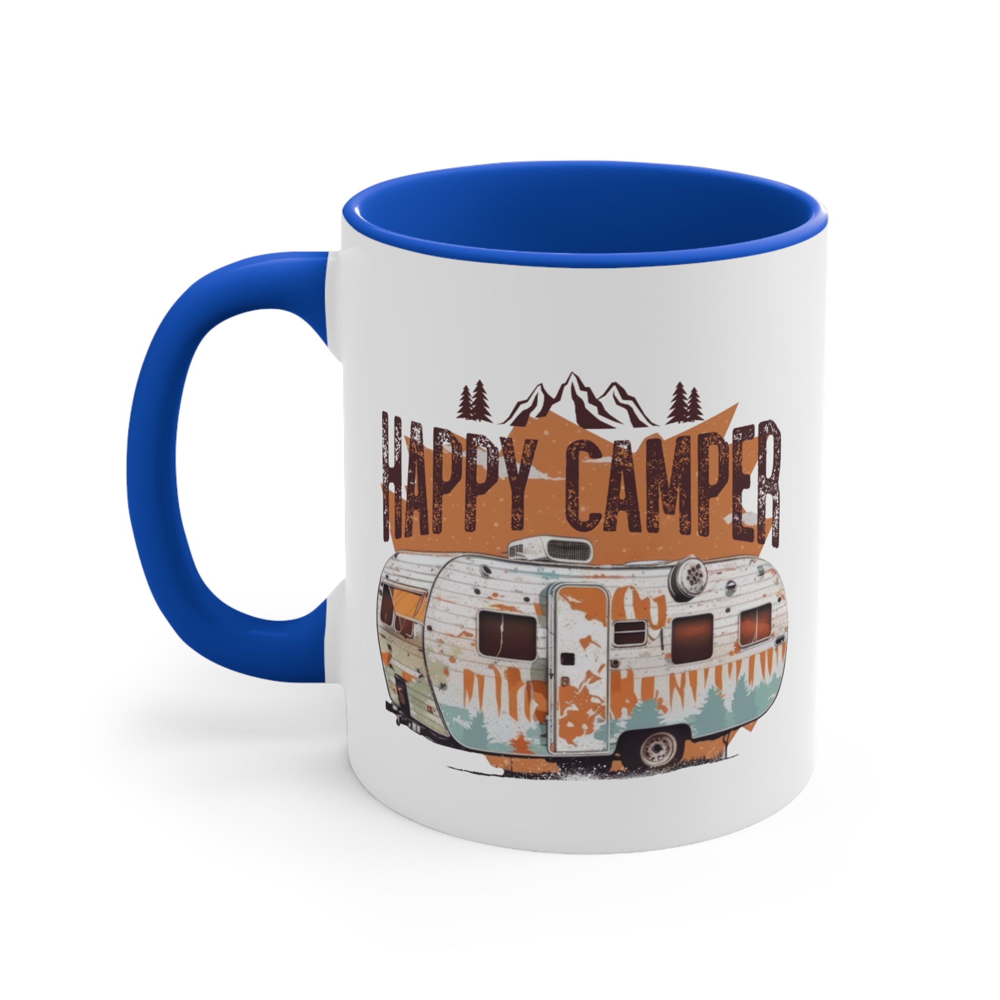 White mug with blue interior features "Happy Camper" text over a vintage trailer.
