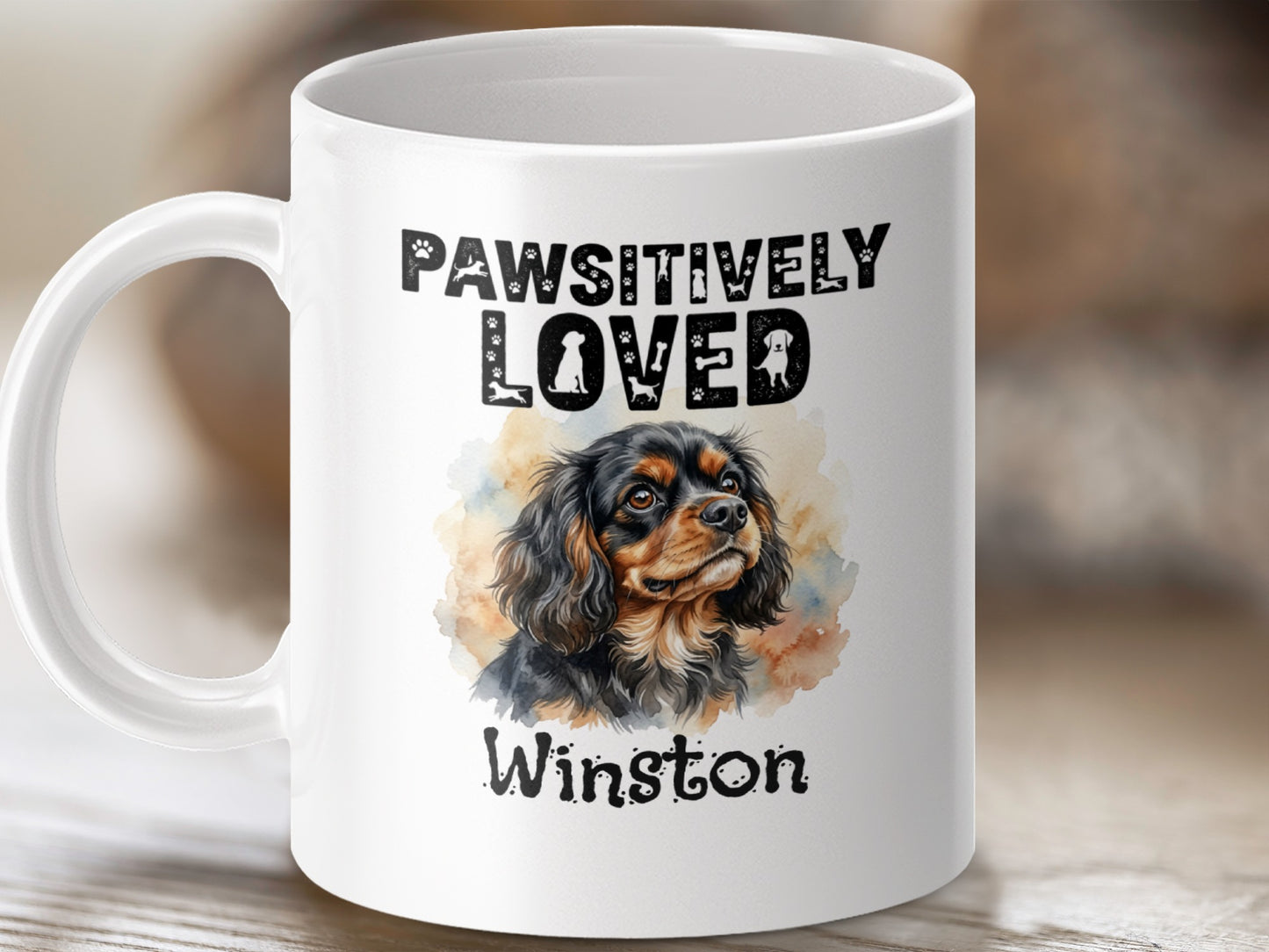 White mug with "Pawsitively Loved" text, dog portrait, and "Winston" name.