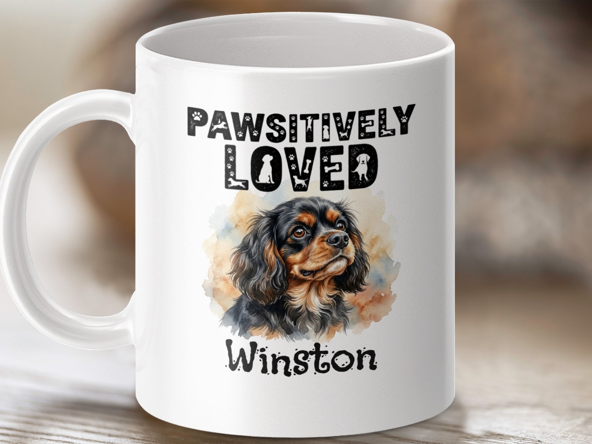 White mug with "Pawsitively Loved" text, dog portrait, and "Winston" name.