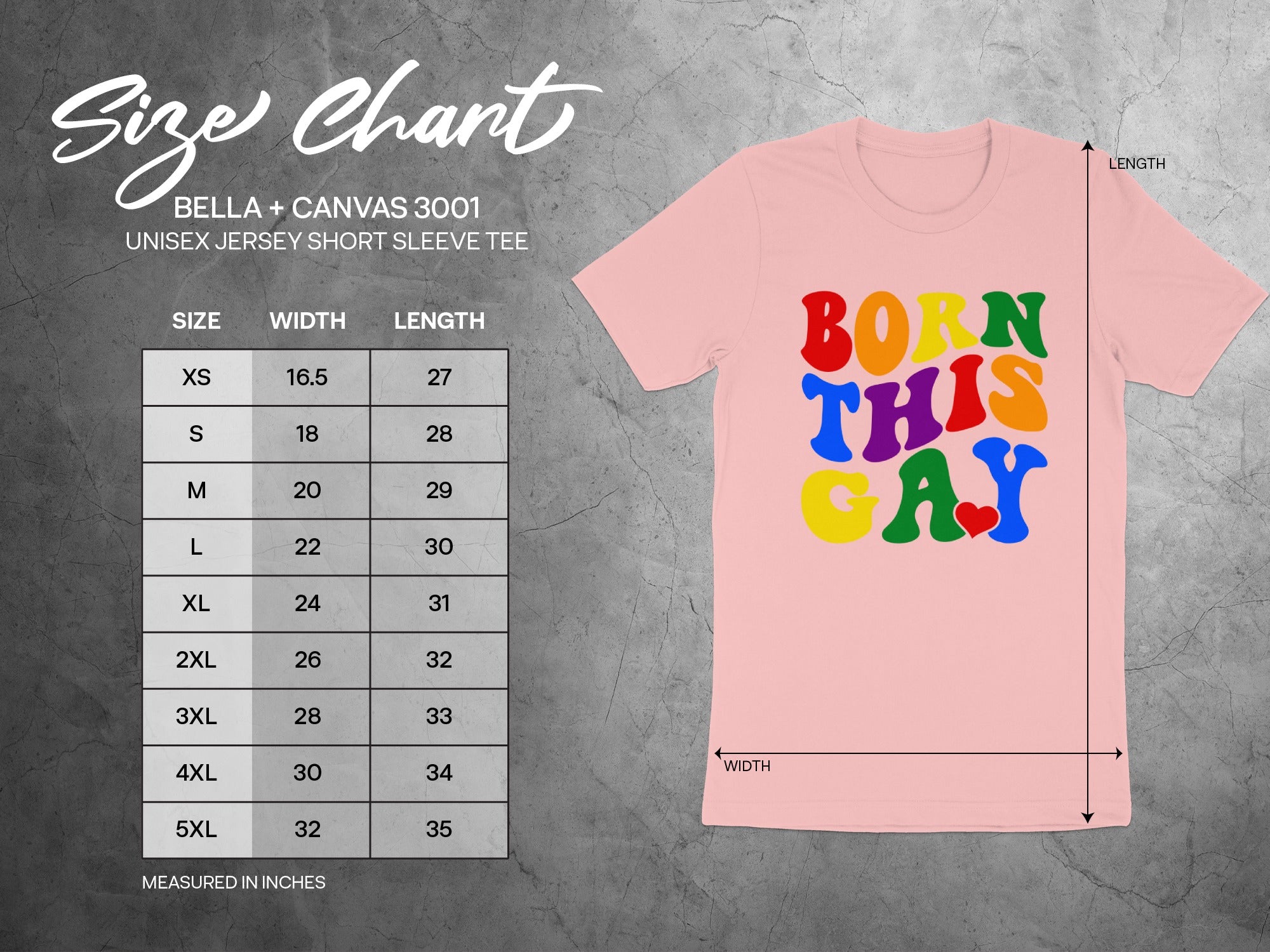 Size chart for Bella + Canvas 3001 unisex short sleeve tee with rainbow text.