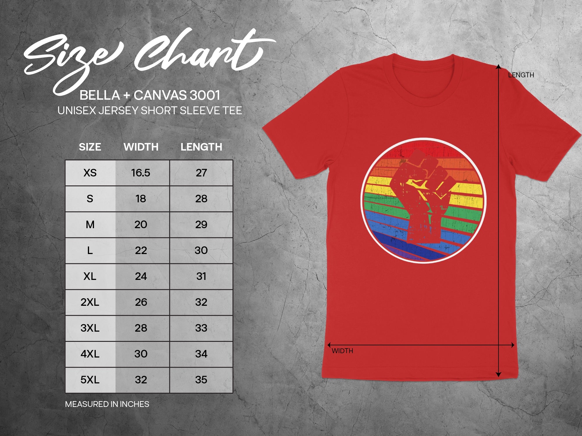 Bella + Canvas 3001 unisex tee size chart with width and length measurements in inches.