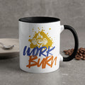 White mug with black rim featuring "WORK BURN" and a barbell graphic.