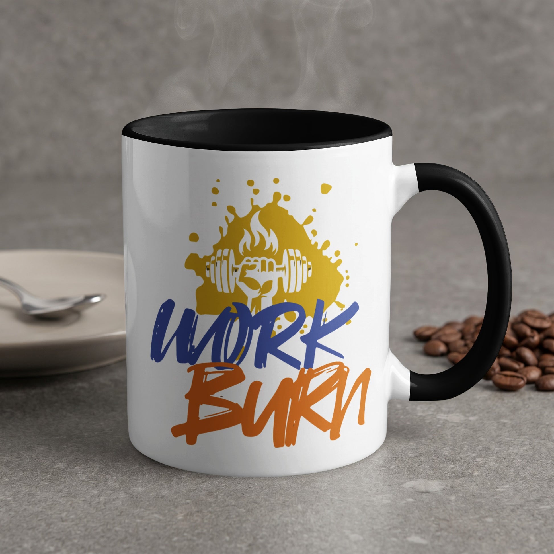 White mug with black rim featuring "WORK BURN" and a barbell graphic.