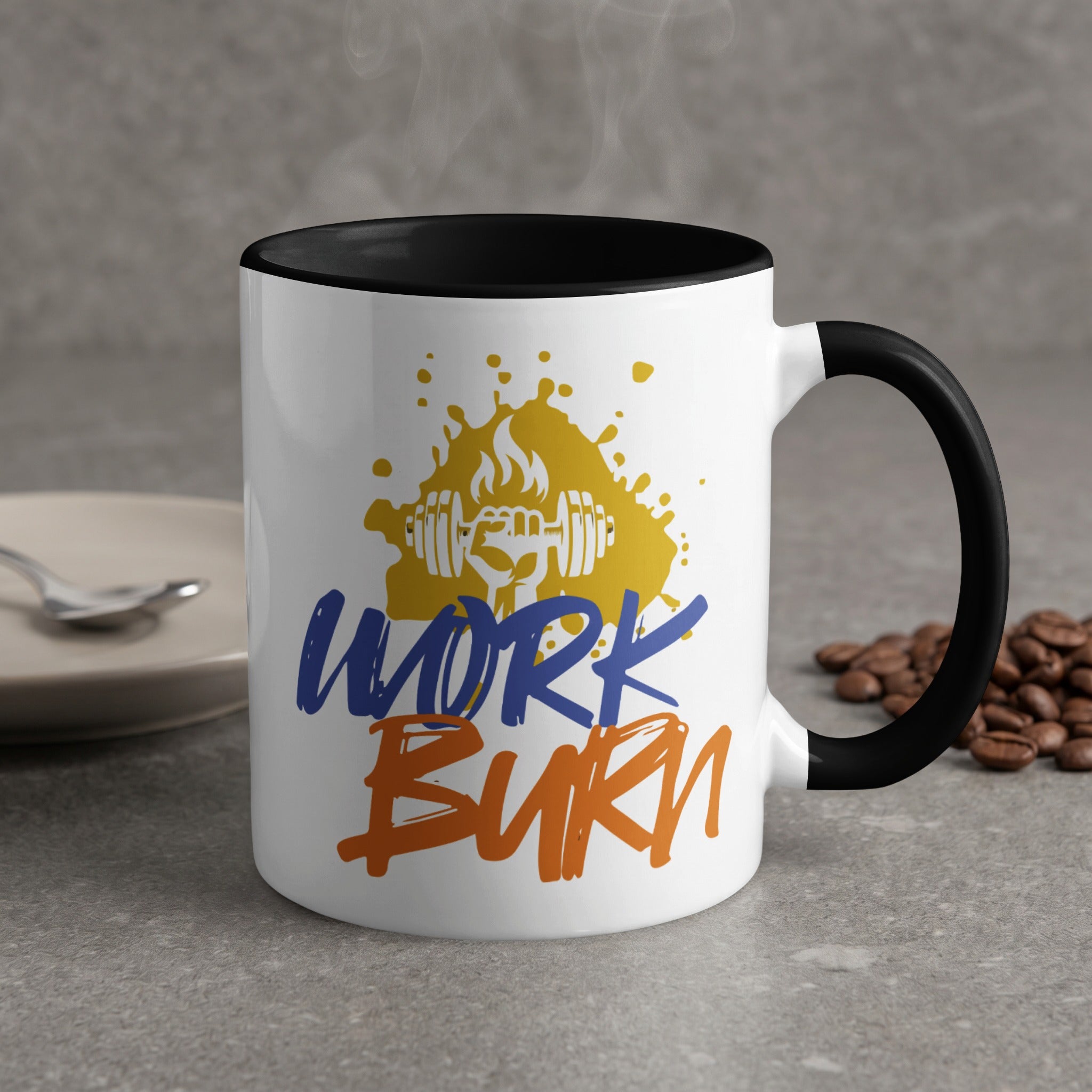 White mug with black rim featuring "WORK BURN" and a barbell graphic.