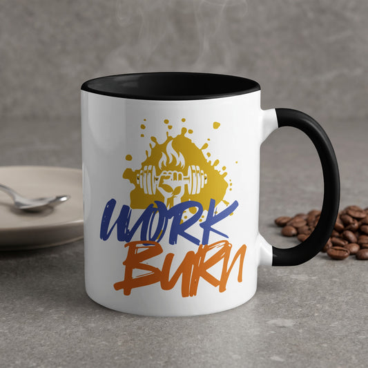 White mug with black rim featuring "WORK BURN" and a barbell graphic.
