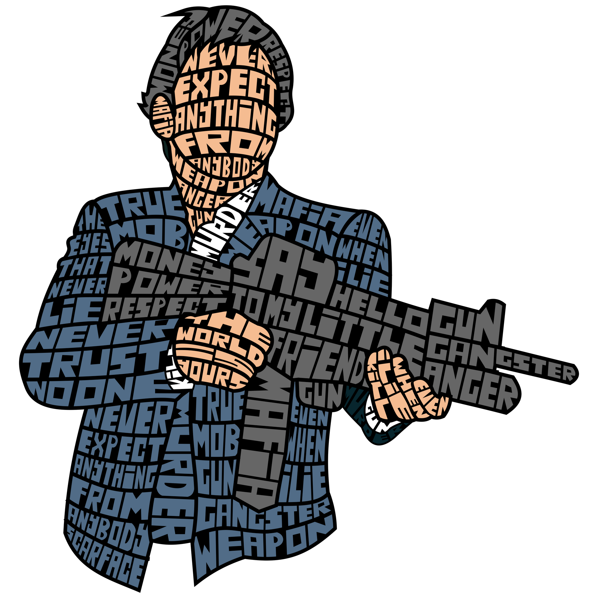 Man made of words from Scarface, holding a gun.