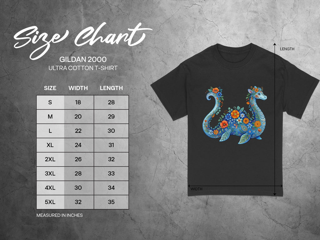 Gildan 2000 Ultra Cotton T-Shirt size chart with measurements in inches.