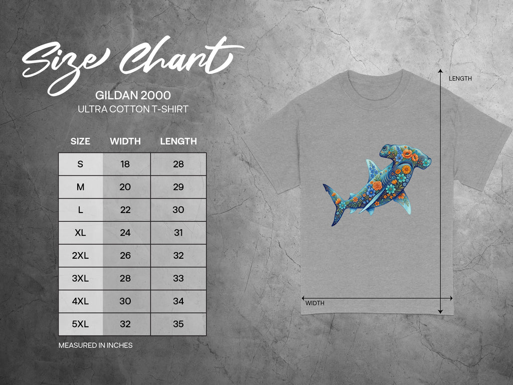 Gildan 2000 Ultra Cotton t-shirt size chart with measurements in inches.