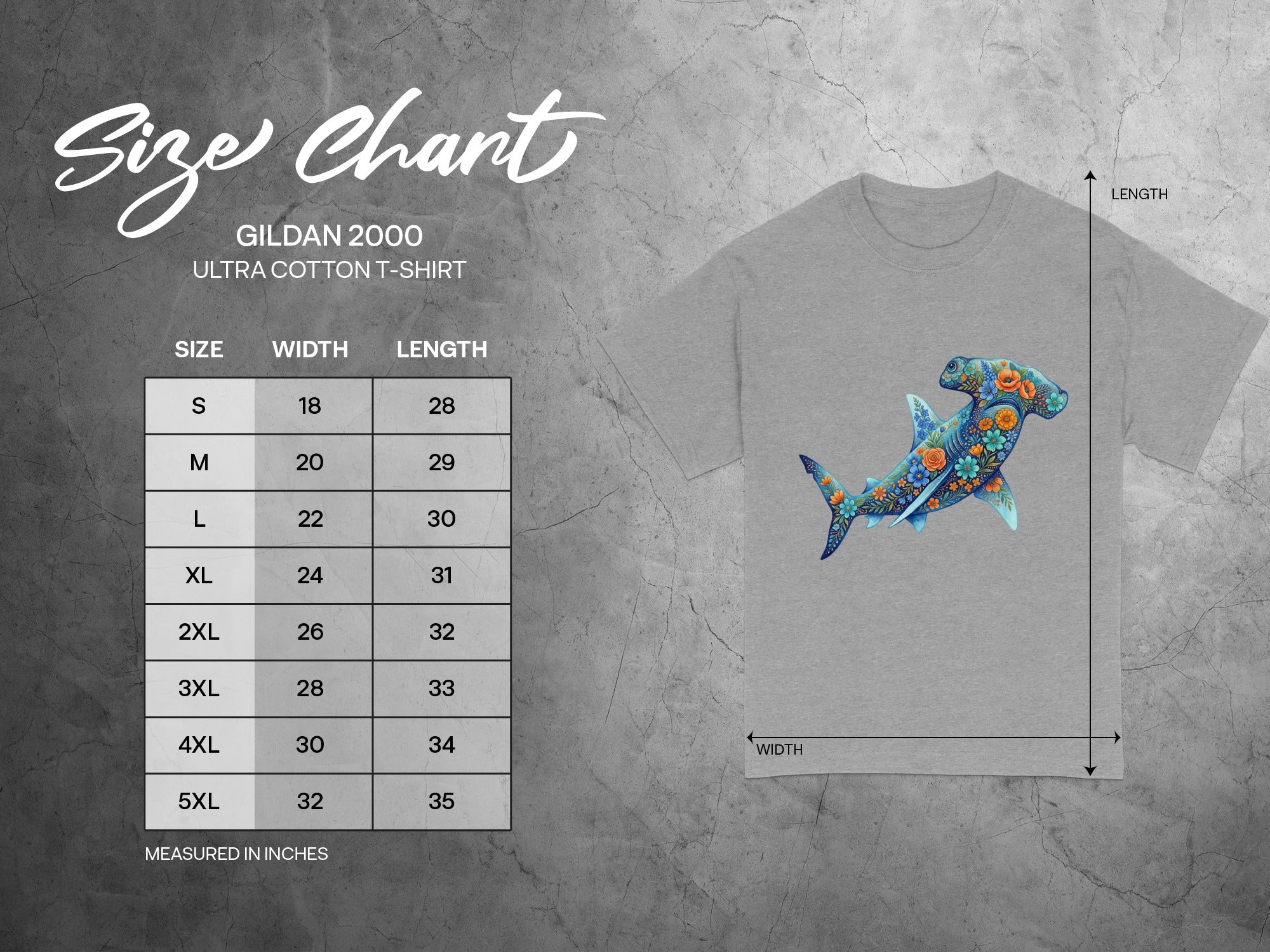Gildan 2000 Ultra Cotton t-shirt size chart with measurements in inches.