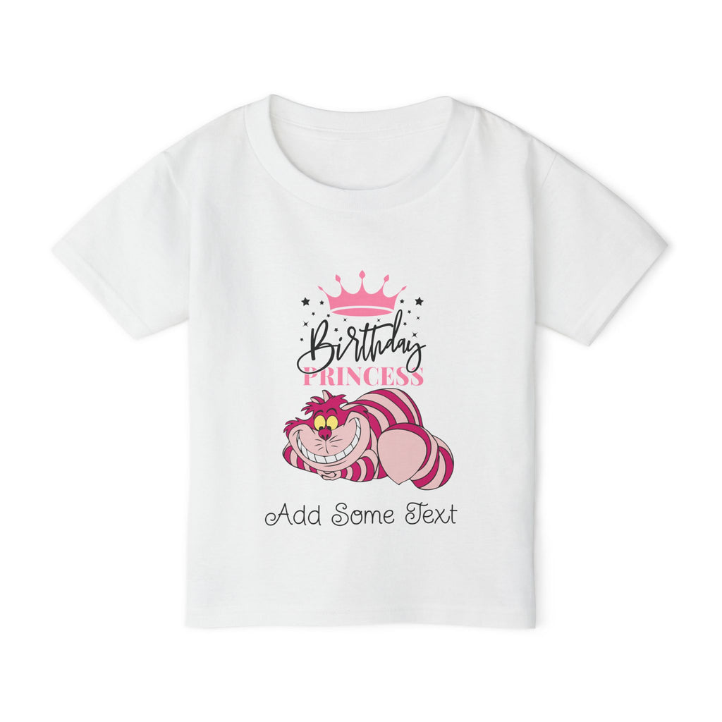 White t-shirt with "Birthday Princess" text and Cheshire Cat graphic.