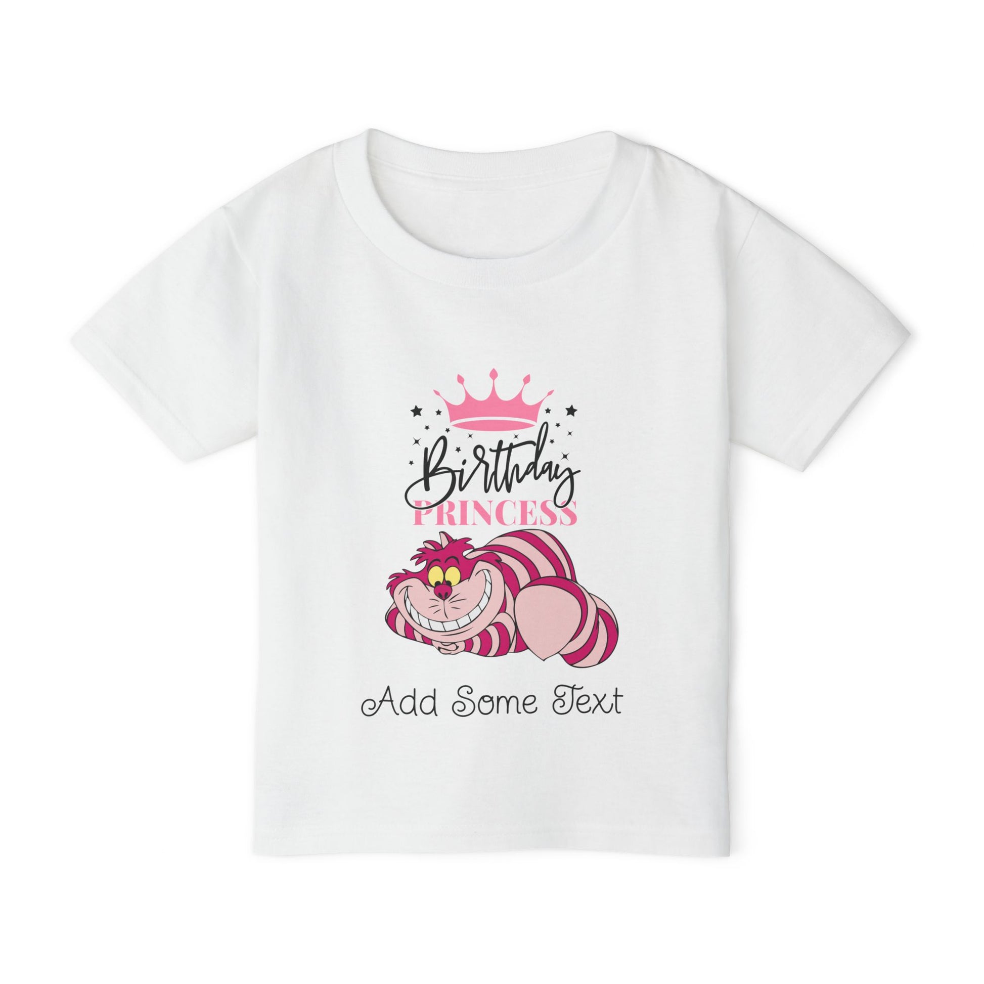 White t-shirt with "Birthday Princess" text and Cheshire Cat graphic.