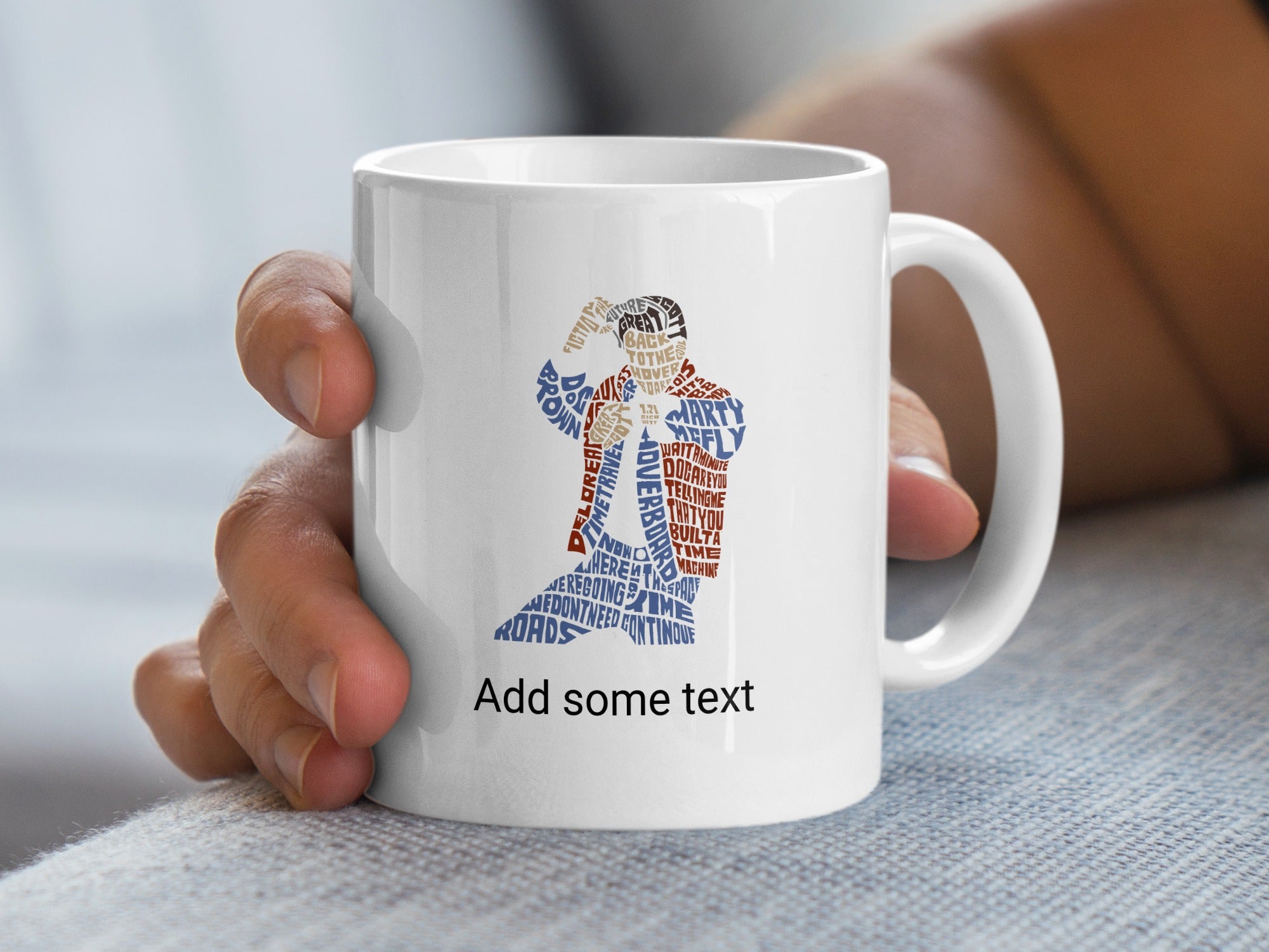 White mug with words forming a silhouette and "Add some text."