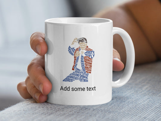 White mug with words forming a silhouette and "Add some text."