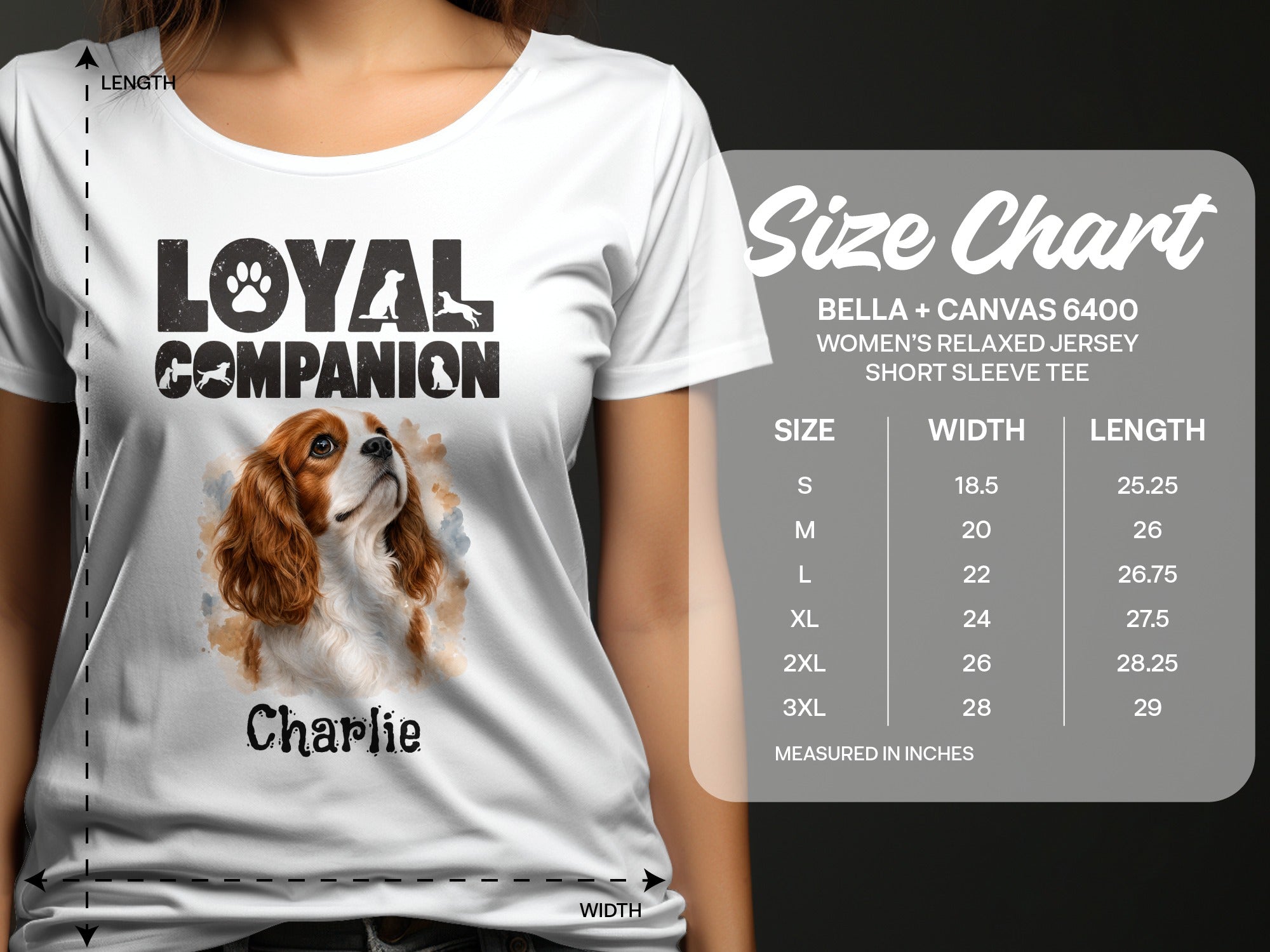 White short sleeve tee with "Loyal Companion" and dog artwork, includes size chart.