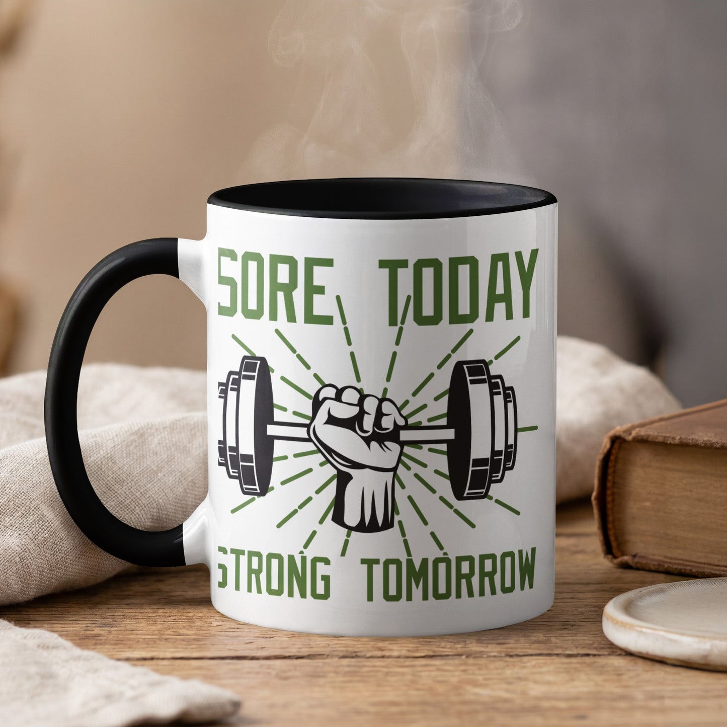 Mug with dumbbell, fist, and text "SORE TODAY STRONG TOMORROW."