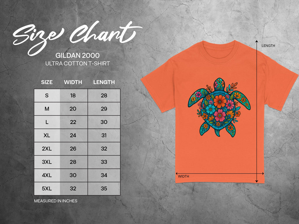 Gildan 2000 Ultra Cotton t-shirt size chart with floral turtle graphic.