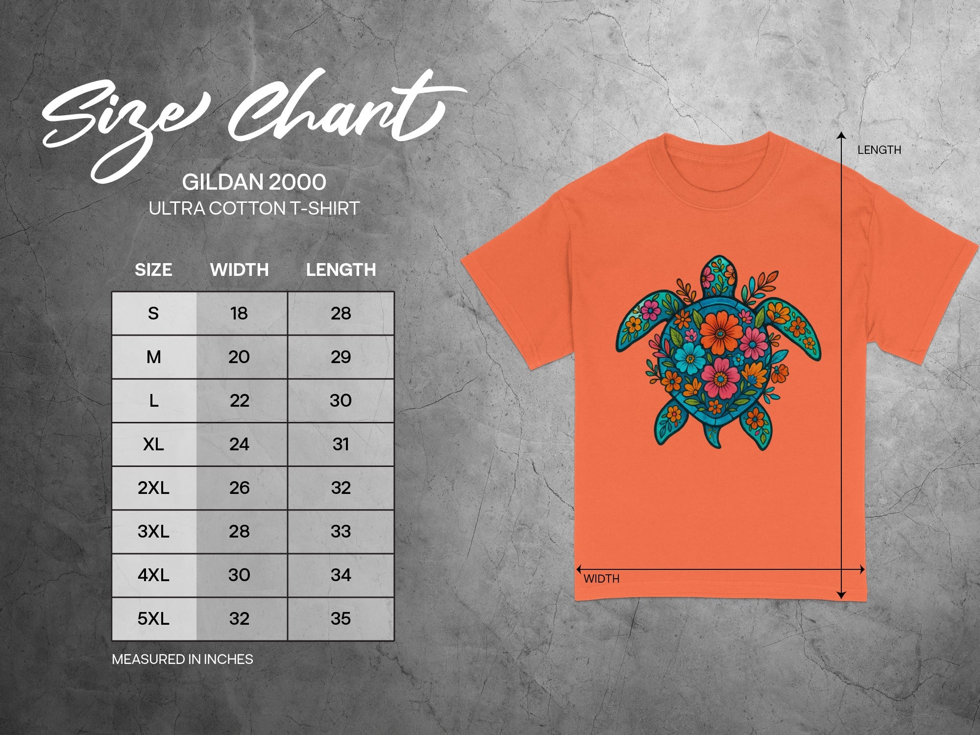 Gildan 2000 Ultra Cotton t-shirt size chart with floral turtle graphic.