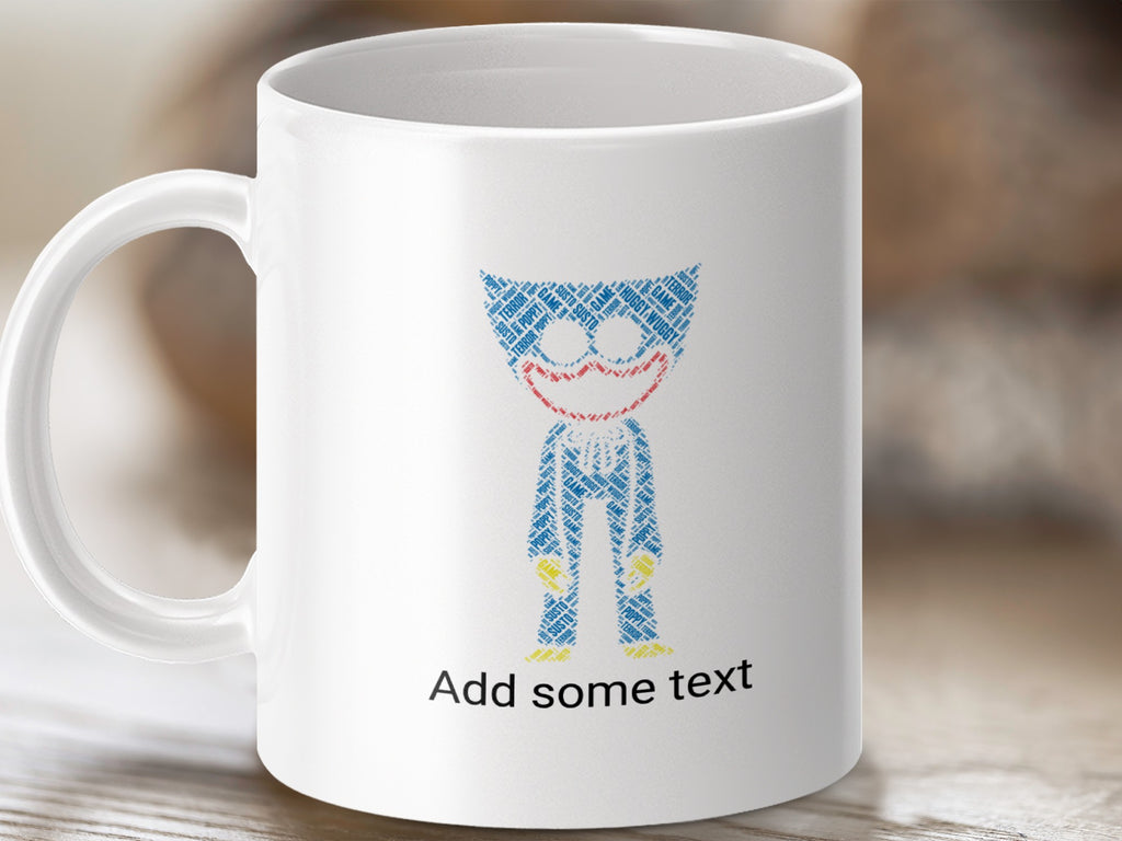 White mug with Huggy Wuggy design made of text, "Add some text".