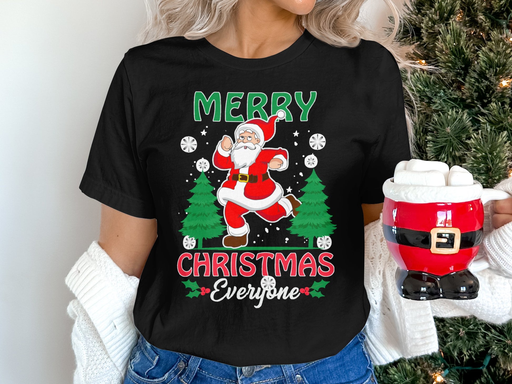 Merry Christmas Everyone Santa and Trees Holiday Shirt